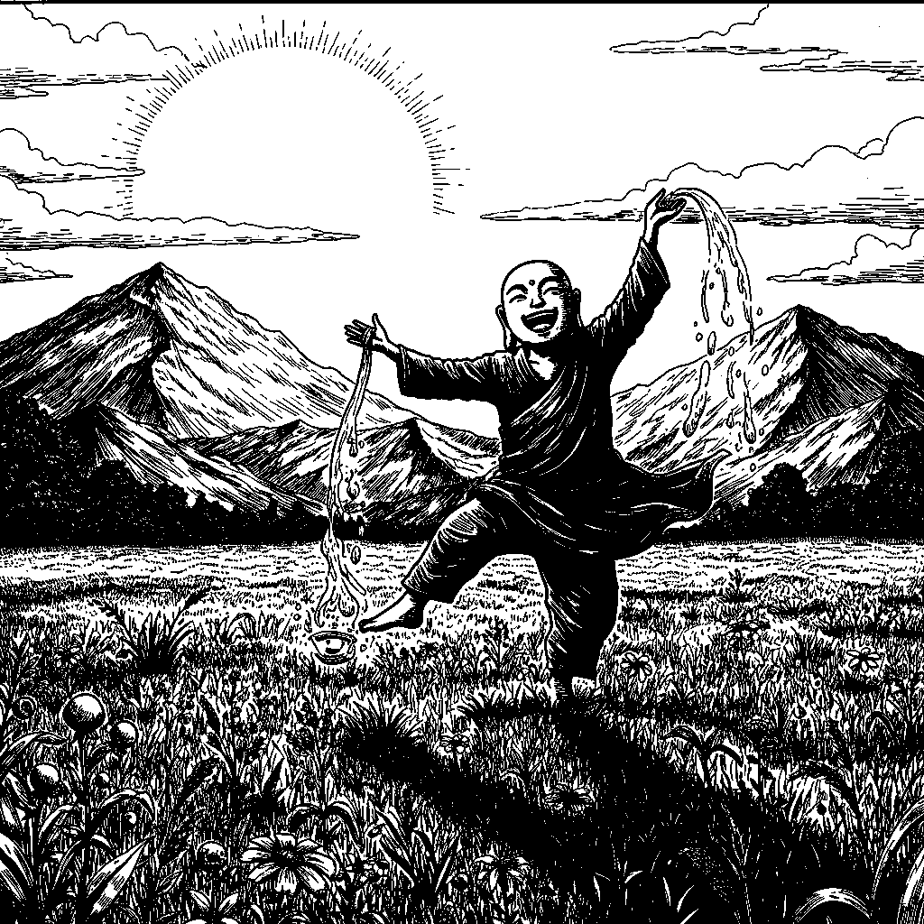 Human-looking Buddha dancing in meadow sunny sky mountains in distance big smile • Peak Global Water Stress