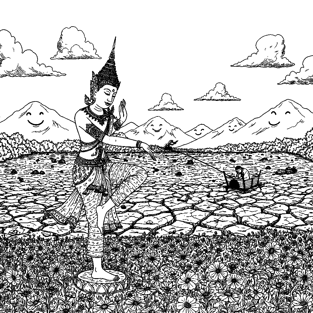 Dancing Thai Buddha in healthy field of wildflowers smiling mountains in background • Global water stress worsens