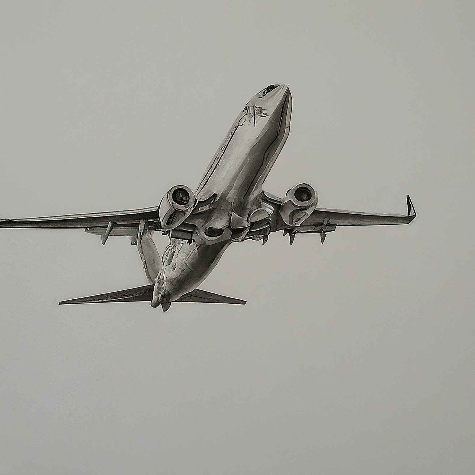 A detailed drawing of air plane flying in the sky, inspired by "stock market" and influenced by environmental changes. Render in high contrast pencil or charcoal, no background, hyper-focused.