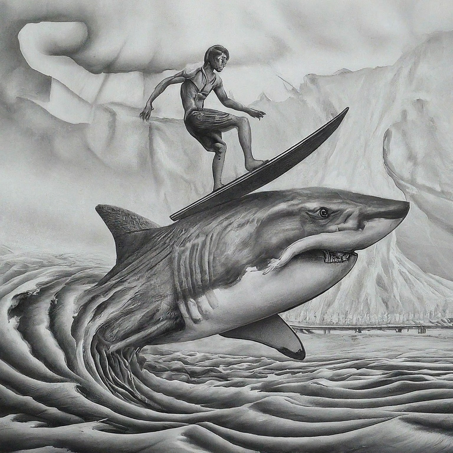 Create a surreal, high contrast pencil drawing that blends these ideas into one unified, imaginative concept: 1. Imagine: A high-contrast pencil drawing. A man surfs on a shark riding atop a speeding train. Symbolically hint at environmental themes and electric cars. A unified, imaginative composition with no background. Hyper-focused. 2. climate acoord 3. Extreme weather intensification The result should be one wild visual composition where all elements fuse into a single scene or subject. No background. Hyper-focused composition.