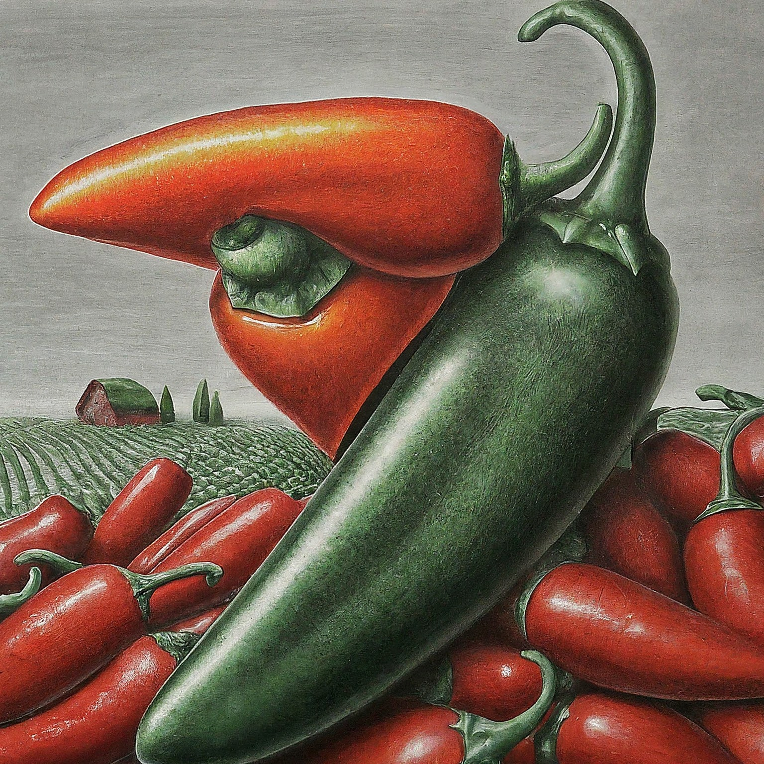 Create a surreal, high contrast pencil drawing that blends these ideas into one unified, imaginative concept: 1. Spicy hot sauce 2. jalapeno farming 3. Climate change impacts agriculture.. The result should be one wild visual composition where all elements fuse into a single scene or subject. No background. Hyper-focused composition.