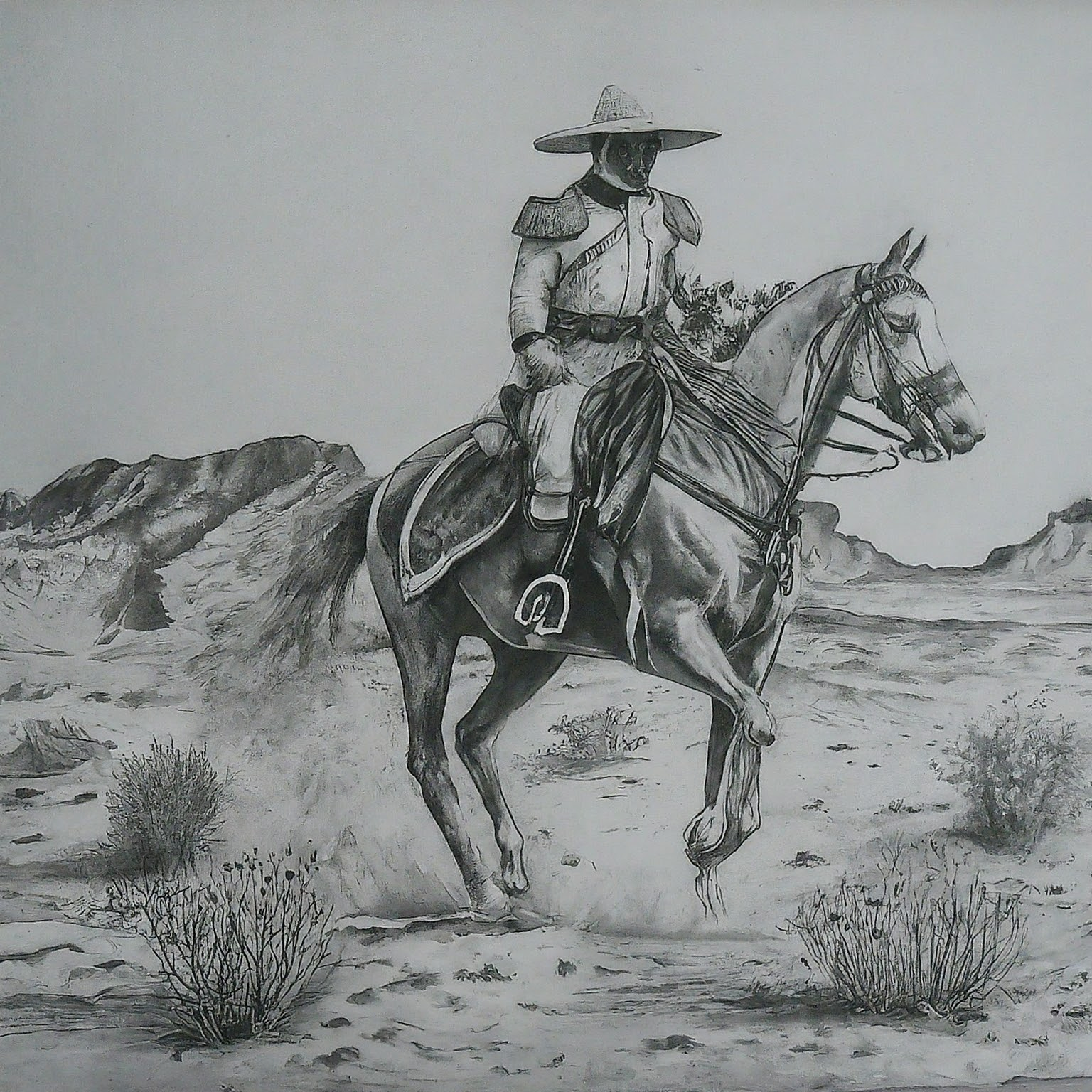 A detailed pencil drawing of desert scene and king charles. High contrast black and white sketch, no background.