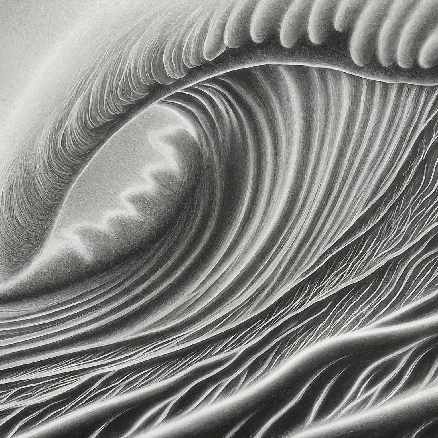 A high contrast pencil drawing. Subject: Ocean wave. + skateboards for sale. + AI ubiquity. No background. Hyper-focused composition.