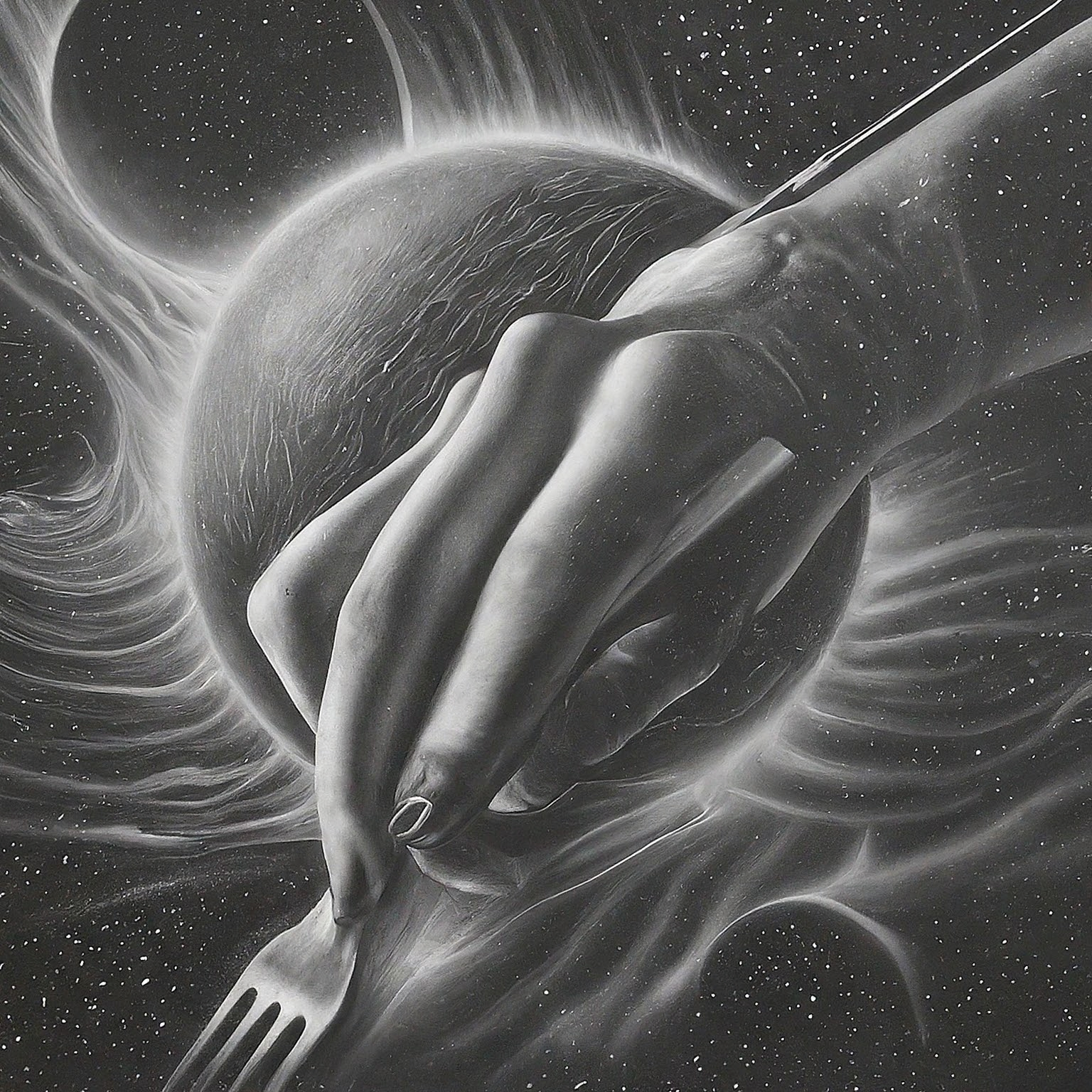 A high contrast pencil drawing. Subject: galactic guacamole. Include these words or concepts from the user's last search: silver fork. Also include references to these current events: current global events, technological advances, environmental changes. No background. Hyper-focused composition.
