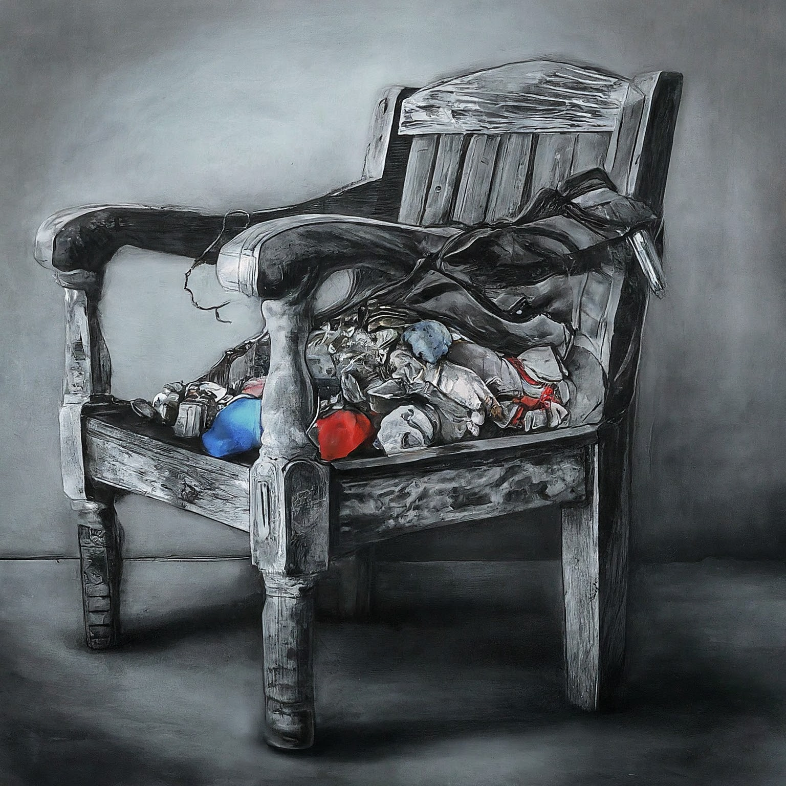 Create a surreal, high contrast black and white image (no grayscale) suitable for ink transfer. The image should blend these ideas into one unified, imaginative concept: 1. an old wooden armchair 2. thailand 3. Ocean plastic microplastics abundant The result must be a single cohesive scene. No background. Ink-only look.