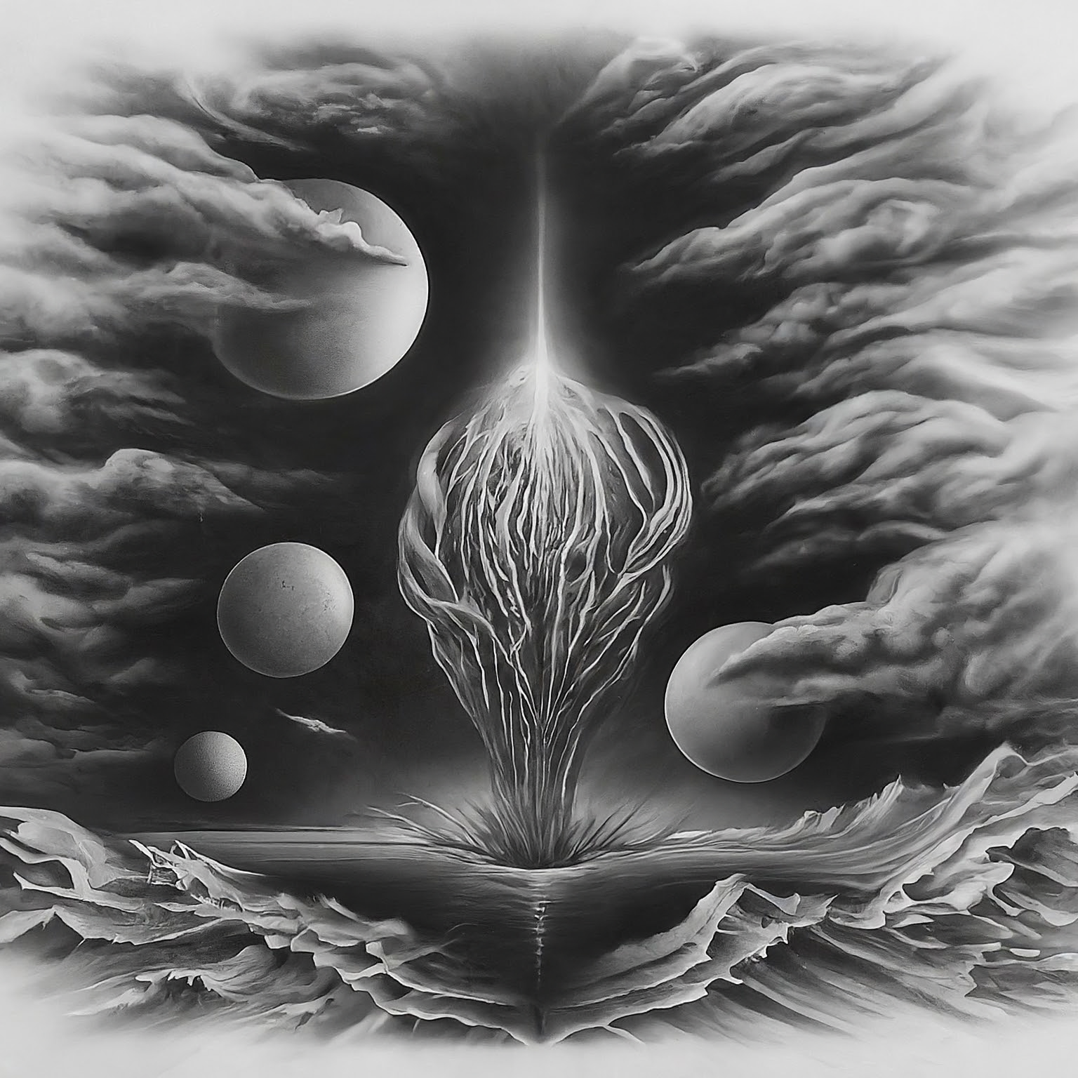 Create a surreal, high contrast pencil drawing that blends these ideas into one unified, imaginative concept: 1. the neutral zone 2. Space exploration 3. Fusion energy advances. The result should be one wild visual composition where all elements fuse into a single scene or subject. No background. Hyper-focused composition.