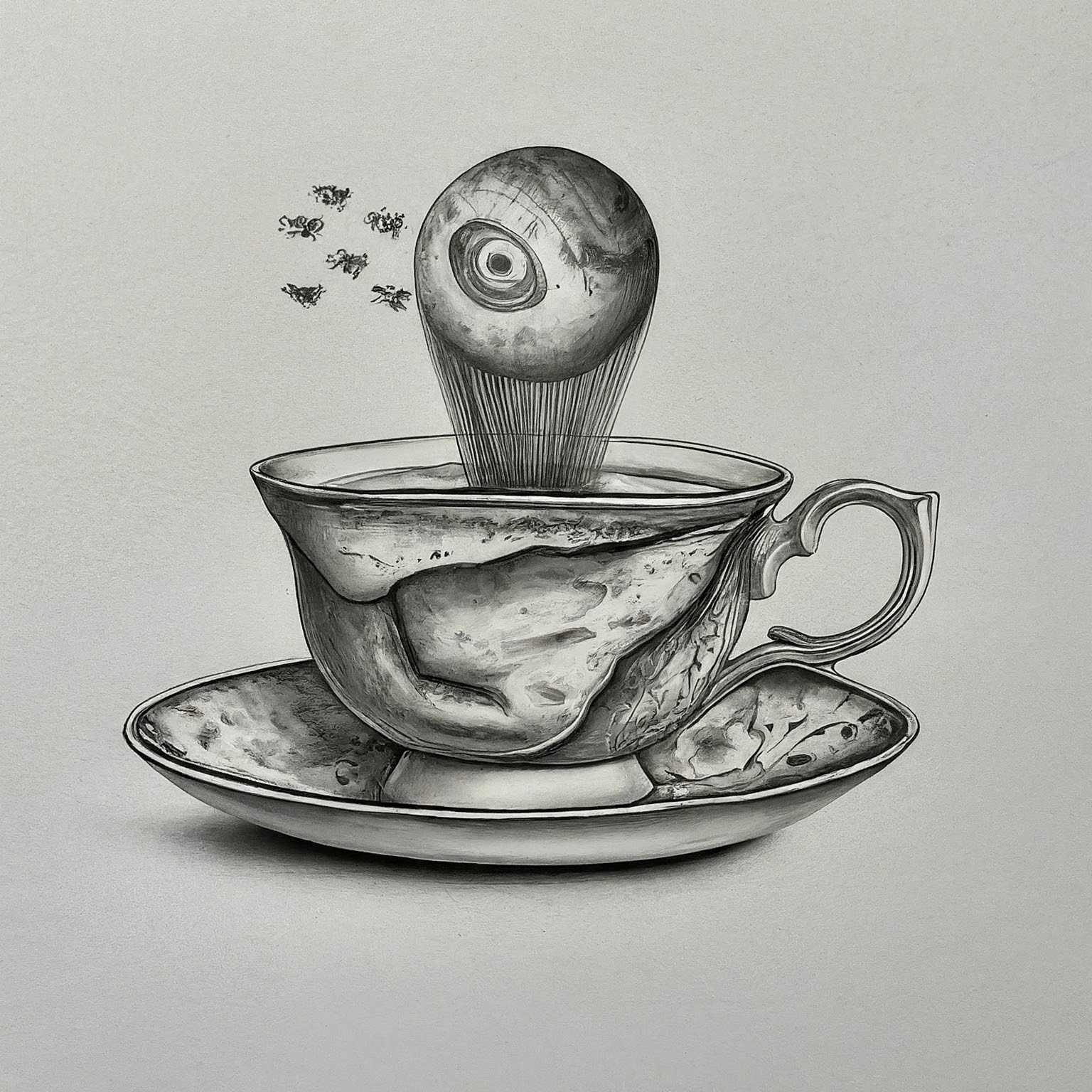 Create a surreal, high contrast pencil drawing that blends these ideas into one unified, imaginative concept: 1. Cup of earl grey tea 2. Best Ai 3. AI Climate Modeling Boom The result should be one wild visual composition where all elements fuse into a single scene or subject. No background. Hyper-focused composition.