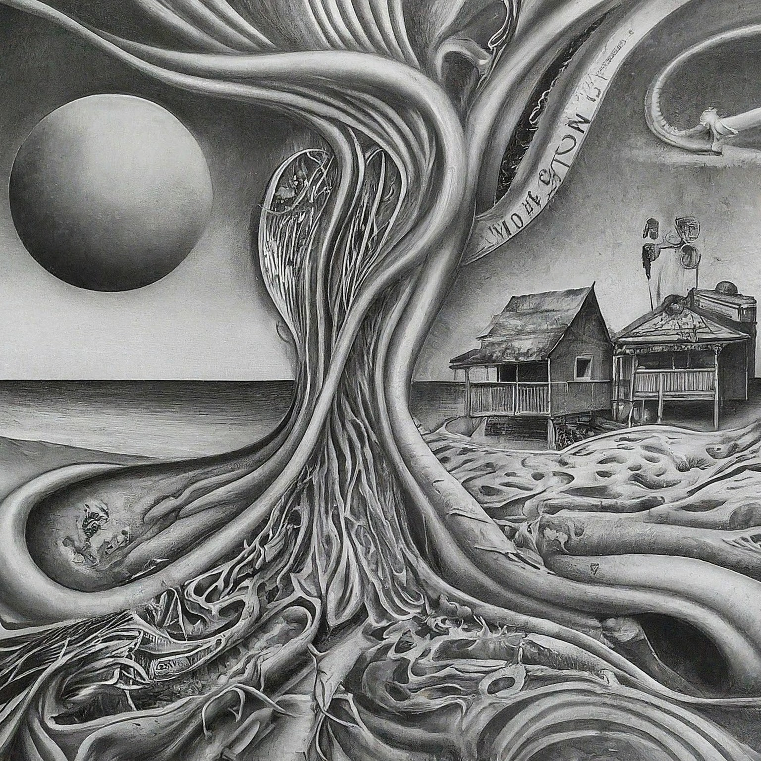 Create a surreal, high contrast pencil drawing that blends these ideas into one unified, imaginative concept: 1. lyrics floating throgh space and time 2. houses on the beach in Costa Rica 3. AI ubiquity The result should be one wild visual composition where all elements fuse into a single scene or subject. No background. Hyper-focused composition.