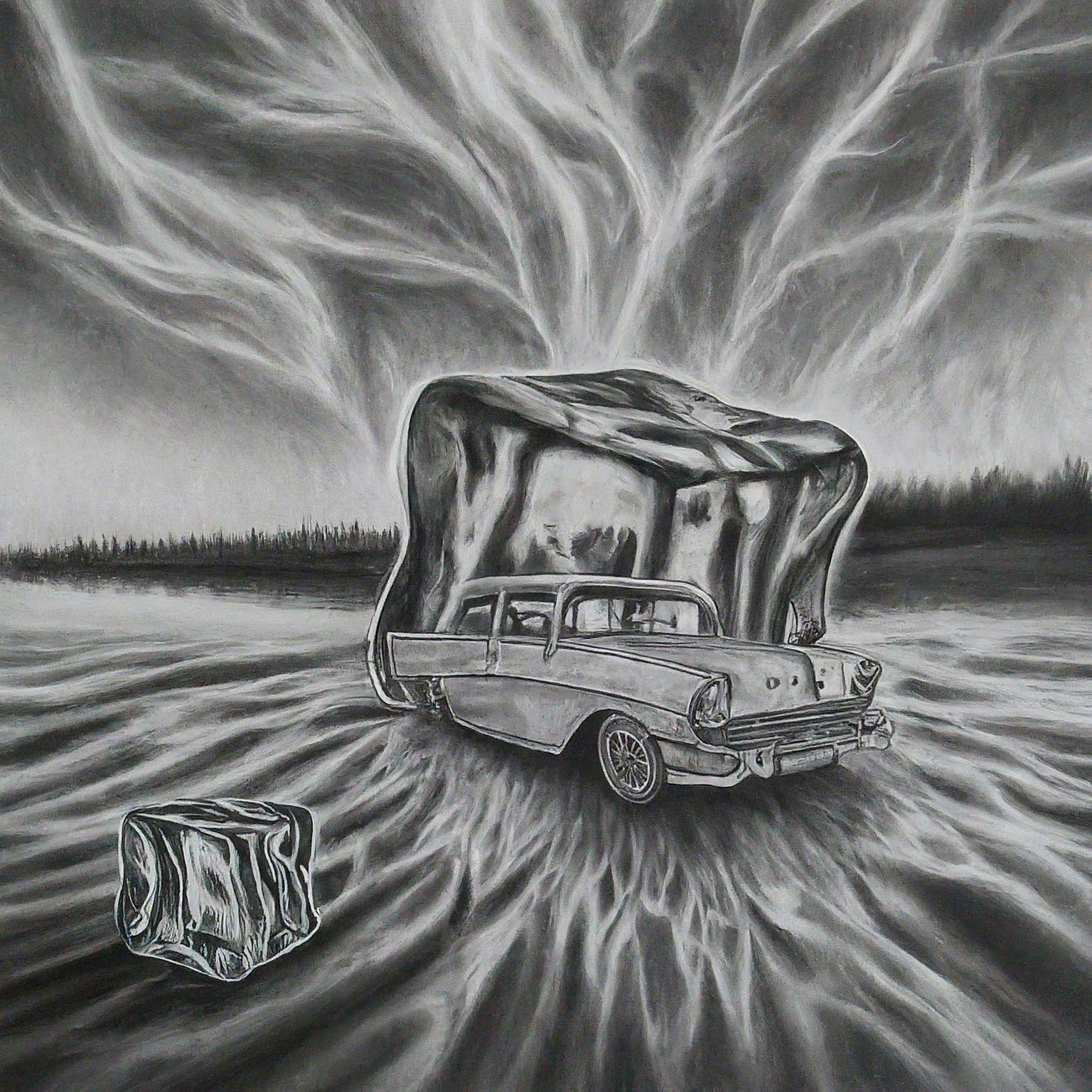 Create a surreal, high contrast pencil drawing that blends these ideas into one unified, imaginative concept: 1. Ice cubes 2. cars 3. Quantum computing surge The result should be one wild visual composition where all elements fuse into a single scene or subject. No background. Hyper-focused composition.