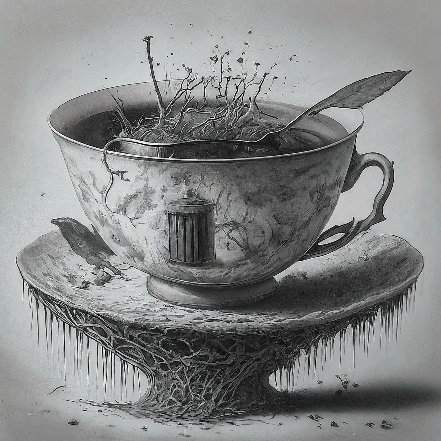 Create a surreal, high contrast pencil drawing that blends these ideas into one unified, imaginative concept: 1. Cup of earl grey tea 2. Best Ai 3. AI-brewed perfect tea. The result should be one wild visual composition where all elements fuse into a single scene or subject. No background. Hyper-focused composition.