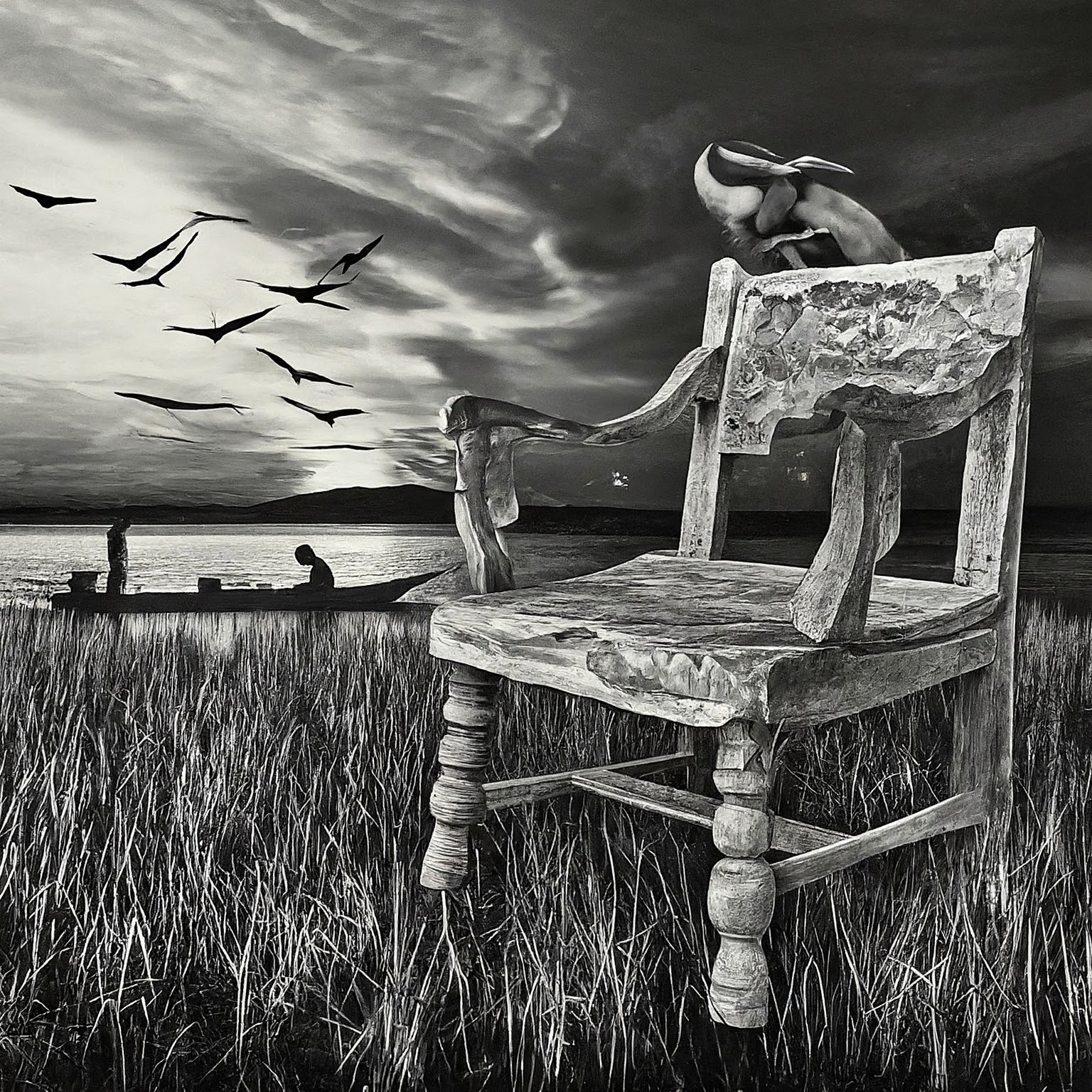 Create a surreal, high contrast black and white image (no grayscale) suitable for ink transfer. The image should blend these ideas into one unified, imaginative concept: 1. an old wooden armchair no back ground 2. thailand 3. Climate Migration Intensifies The result must be a single cohesive scene. No background. Ink-only look.