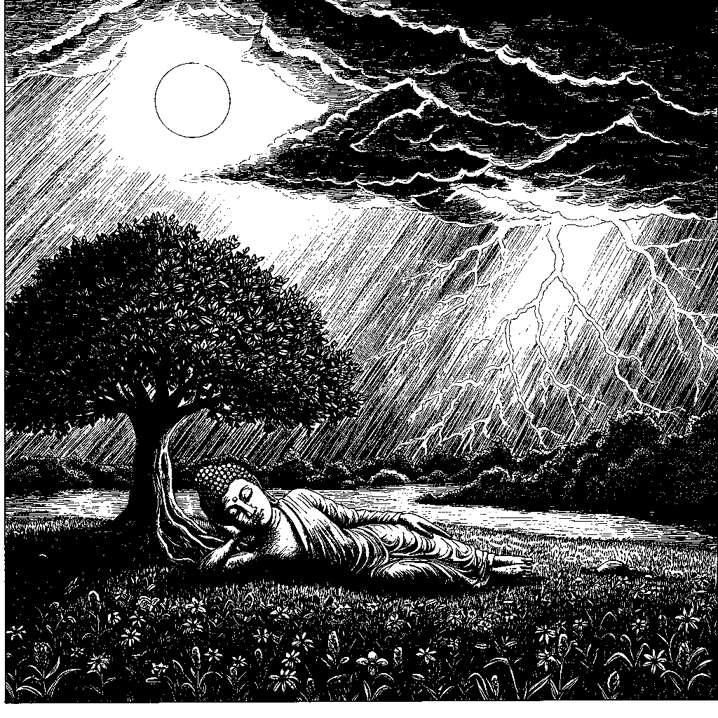 Reclining Buddha looks like real human not statue half smile under healthy tree in lush meadow moon above • Extreme weather escalates.