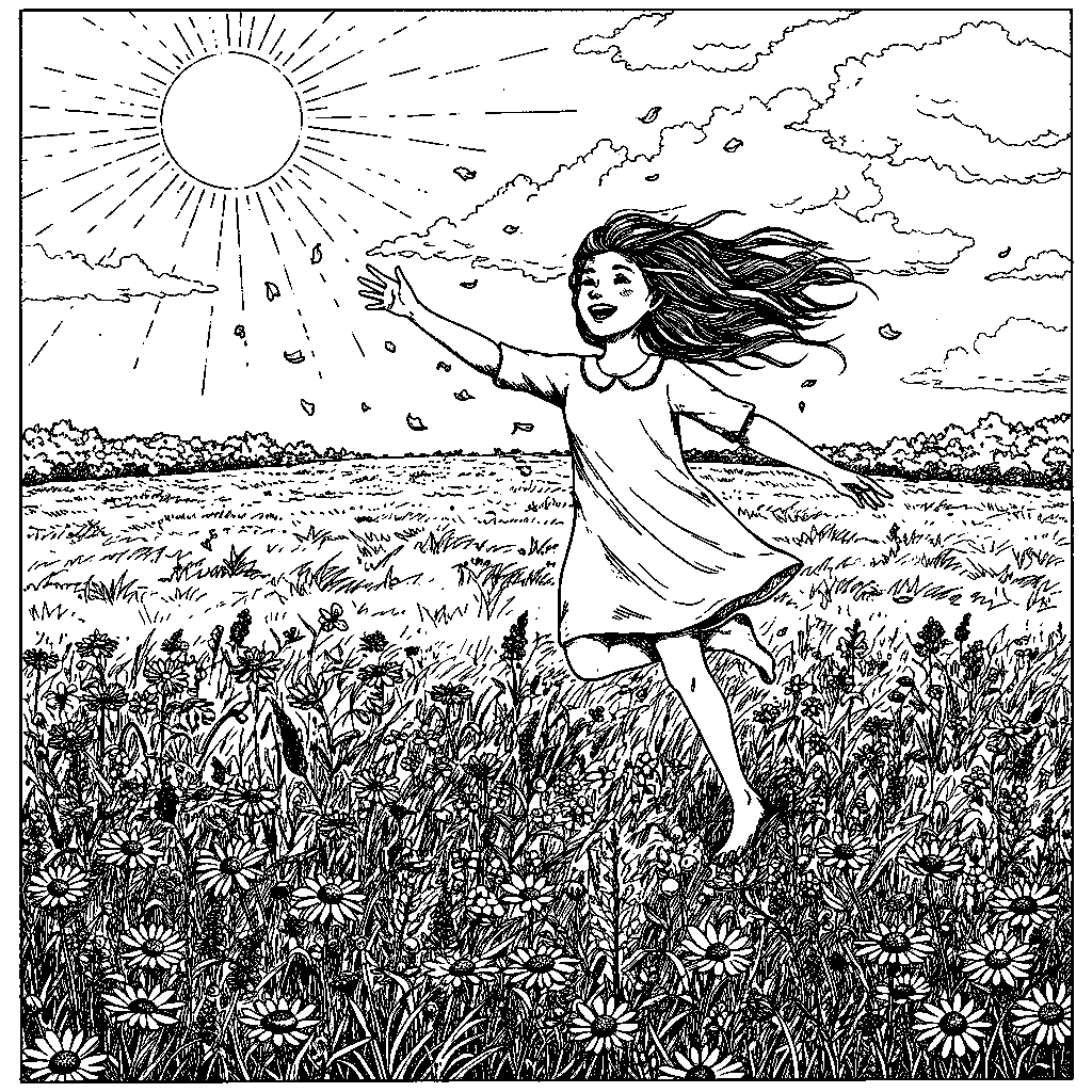 Girl  dancing in wild flower field on a sunny day • • Girl in wild flower field on a sunny day • • Extreme weather intensifies.