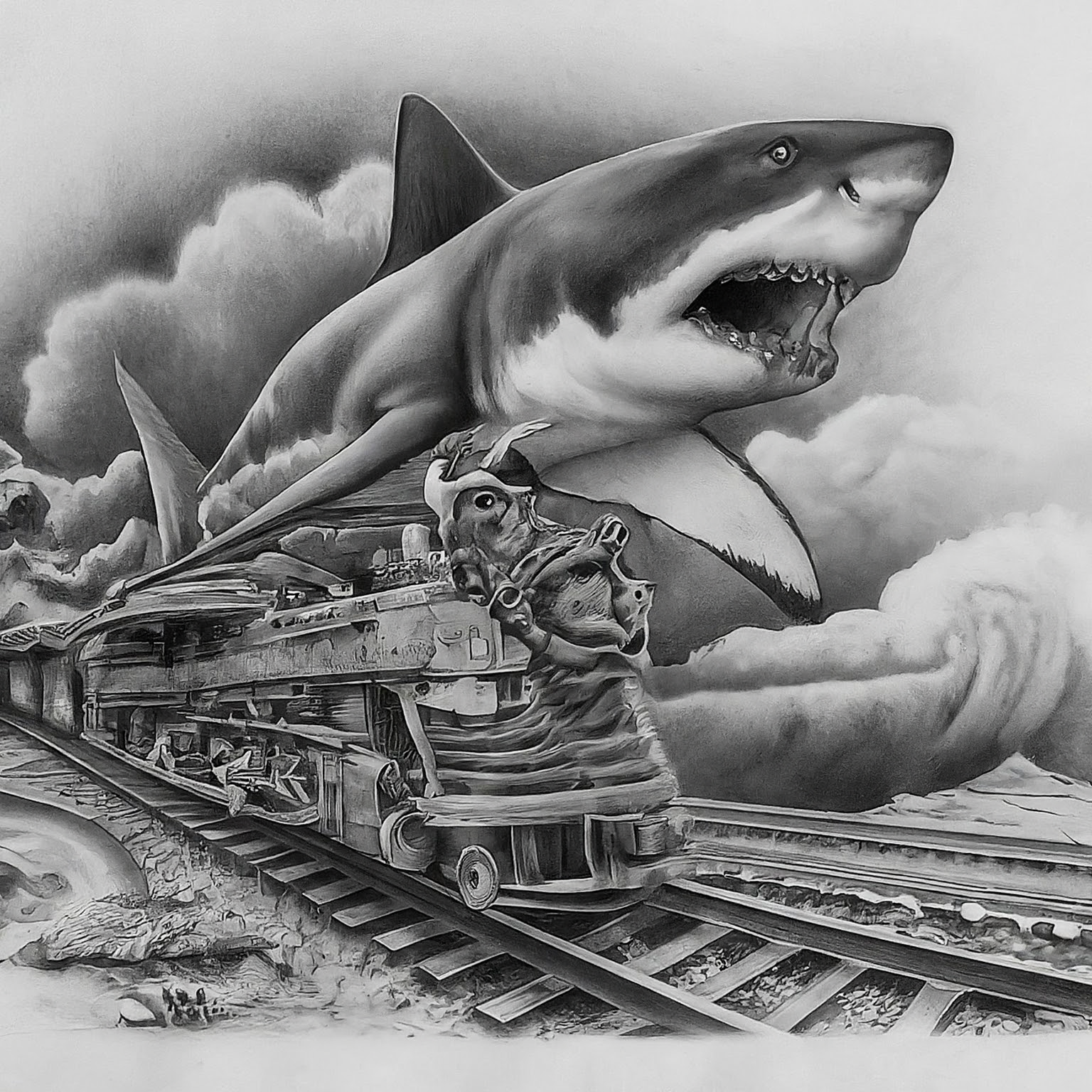 Create a surreal, high contrast pencil drawing that blends these ideas into one unified, imaginative concept: 1. A man surfing on a train with A SHARK 2. a personal search idea 3. Extreme weather events increase. The result should be one wild visual composition where all elements fuse into a single scene or subject. No background. Hyper-focused composition.