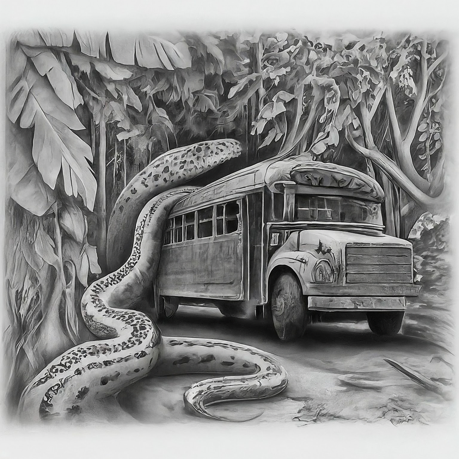 Create a surreal, high contrast pencil drawing that blends these ideas into one unified, imaginative concept: 1. bus trip through the jungle 2. anaconda 3. **Deforestation impacts tourism.** The result should be one wild visual composition where all elements fuse into a single scene or subject. No background. Hyper-focused composition.