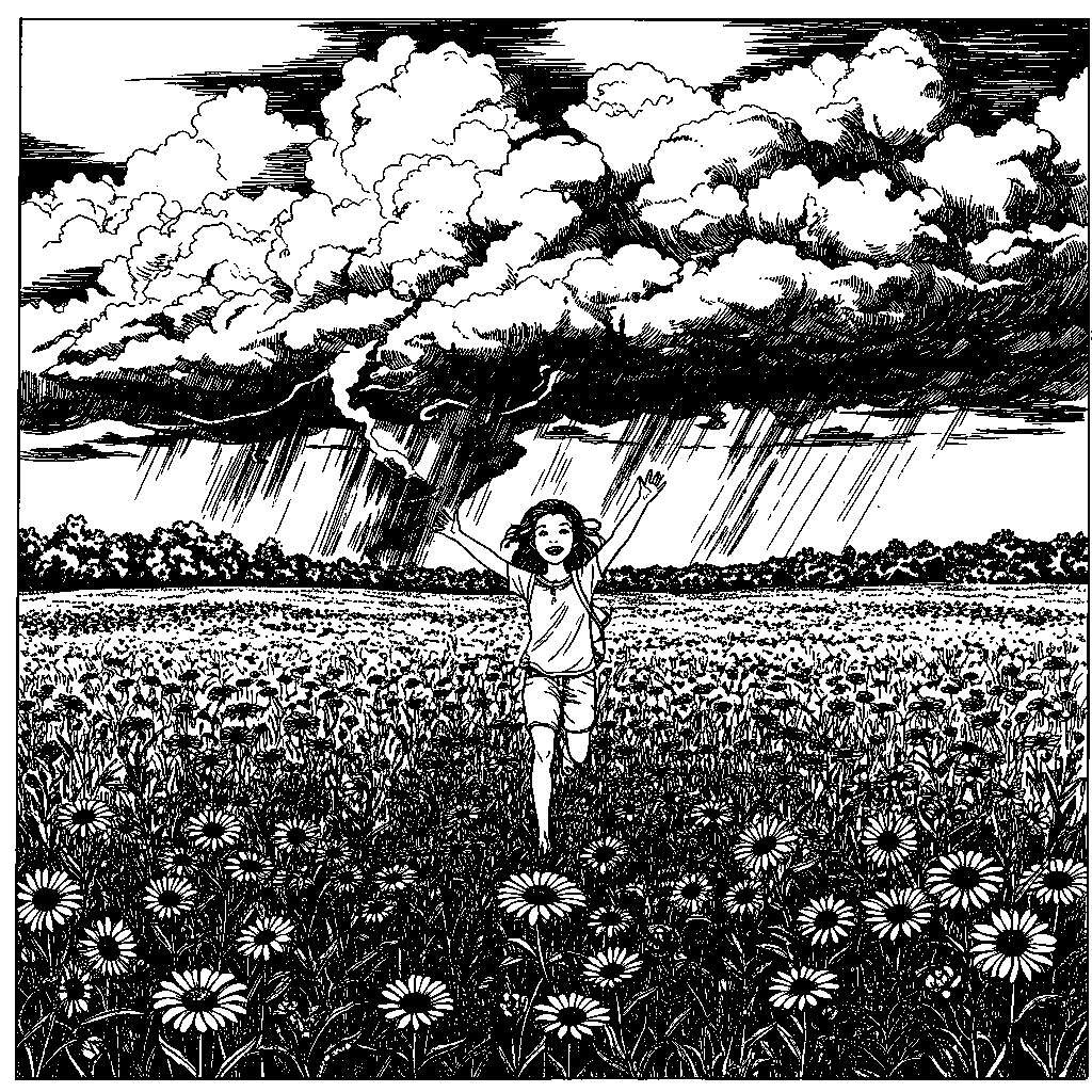 Girl running in wild flower field, sunny day • • Extreme weather events.