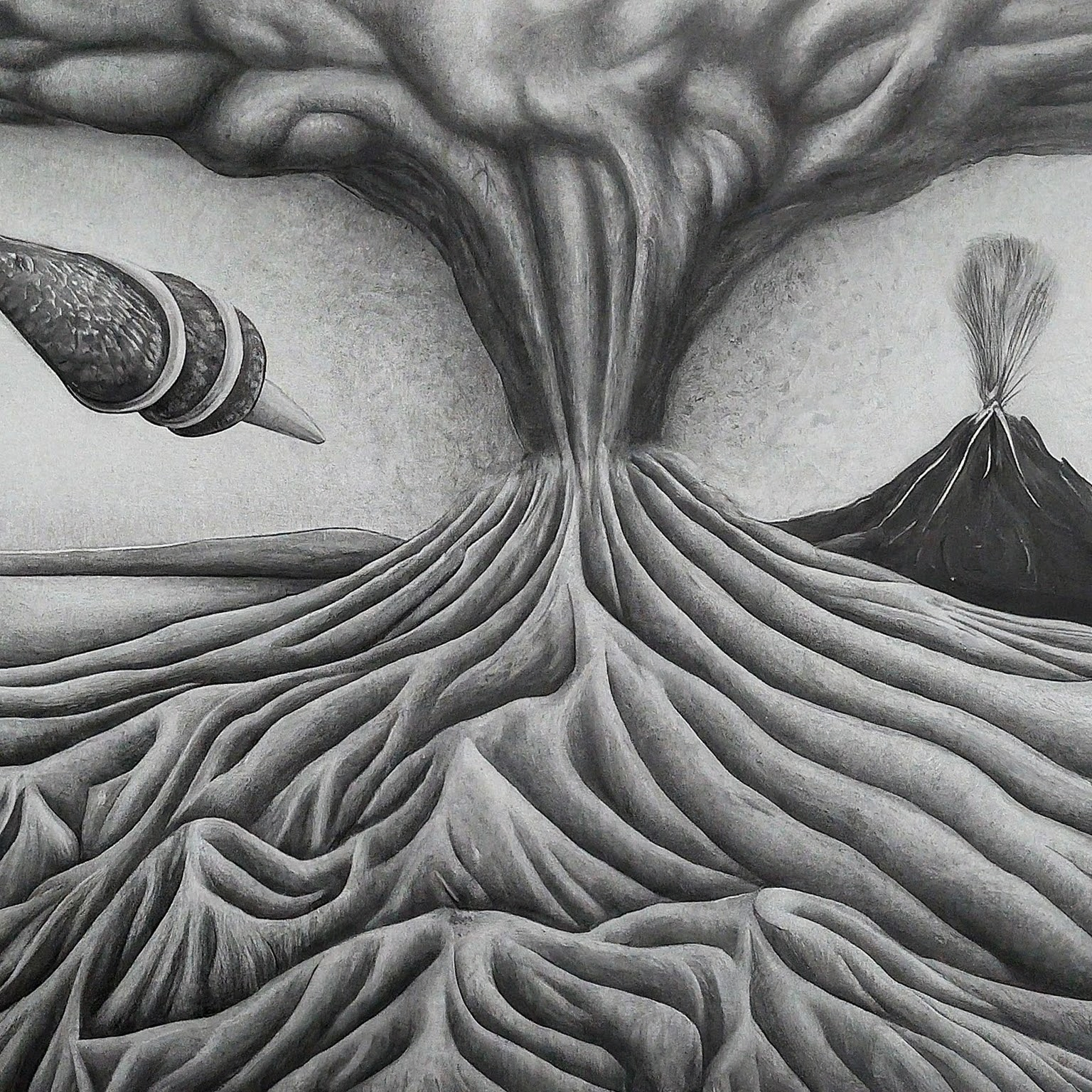 Create a surreal, high contrast pencil drawing that blends these ideas into one unified, imaginative concept: 1. ice cream and coffee 2. volcano 3. Space resource race The result should be one wild visual composition where all elements fuse into a single scene or subject. No background. Hyper-focused composition.