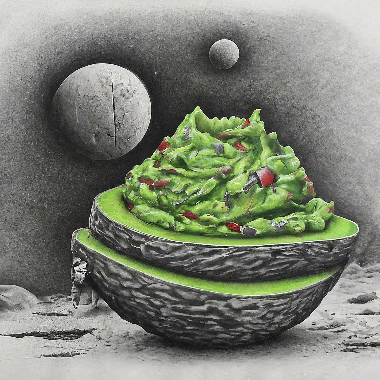 Create a surreal, high contrast pencil drawing that blends these ideas into one unified, imaginative concept: 1. galactic guacamole 2. galactic guacamole 3. Space resource race The result should be one wild visual composition where all elements fuse into a single scene or subject. No background. Hyper-focused composition.