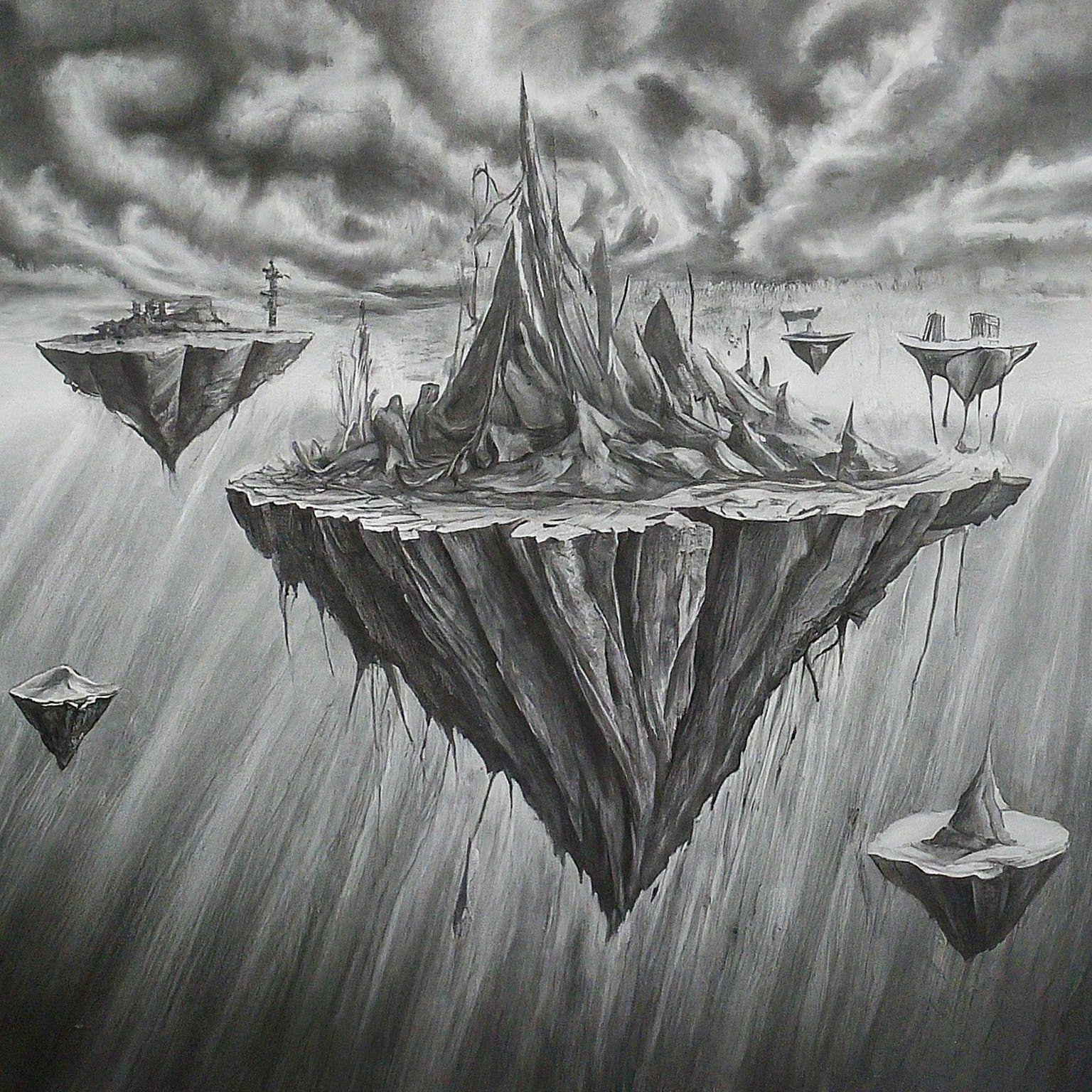 Create a surreal, high contrast pencil drawing that blends these ideas into one unified, imaginative concept: 1. Floating island worlds 2. the great abyss 3. Resource scarcity. The result should be one wild visual composition where all elements fuse into a single scene or subject. No background. Hyper-focused composition.