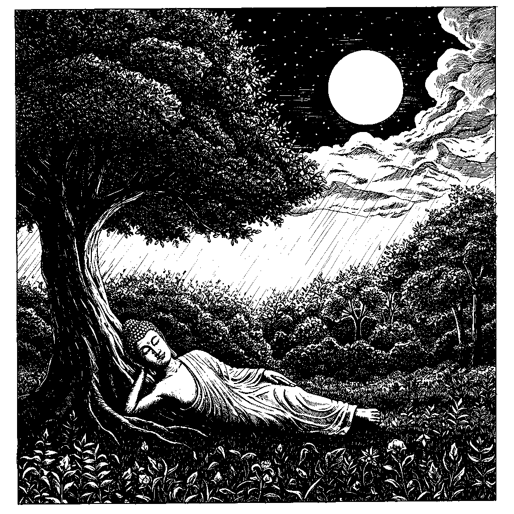 Reclining Buddha under a tree in a healthy forest moon above • Extreme weather events intensify