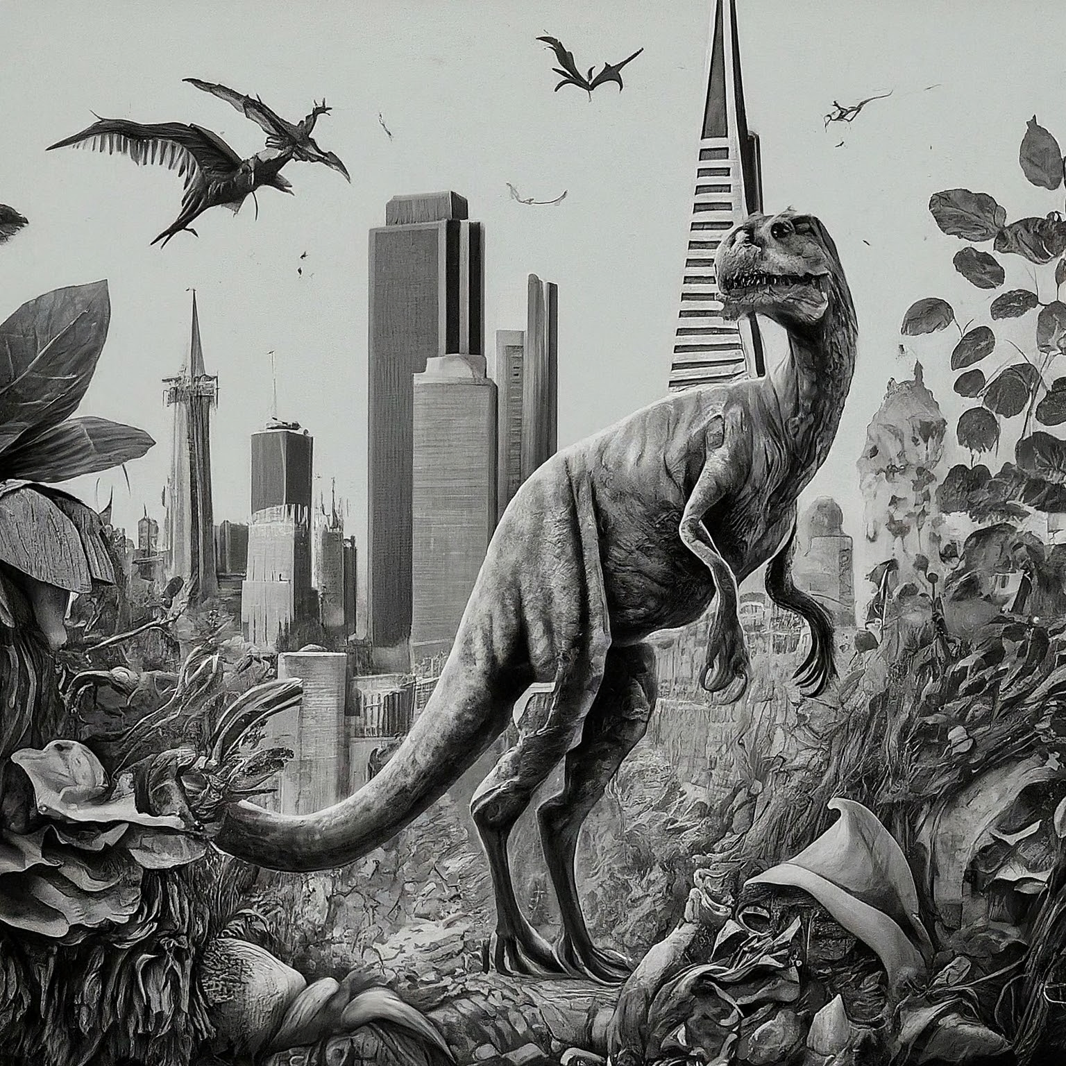 Create a surreal, black and white high contrast ink drawing with no background that blends these ideas into one unified, imaginative concept: 1. San Francisco but there is a dinosaur invasion 2. plants 3. Renewable energy cost parity. The result should be one wild visual composition where all elements fuse into a single scene or subject. No background. Hyper-focused composition.