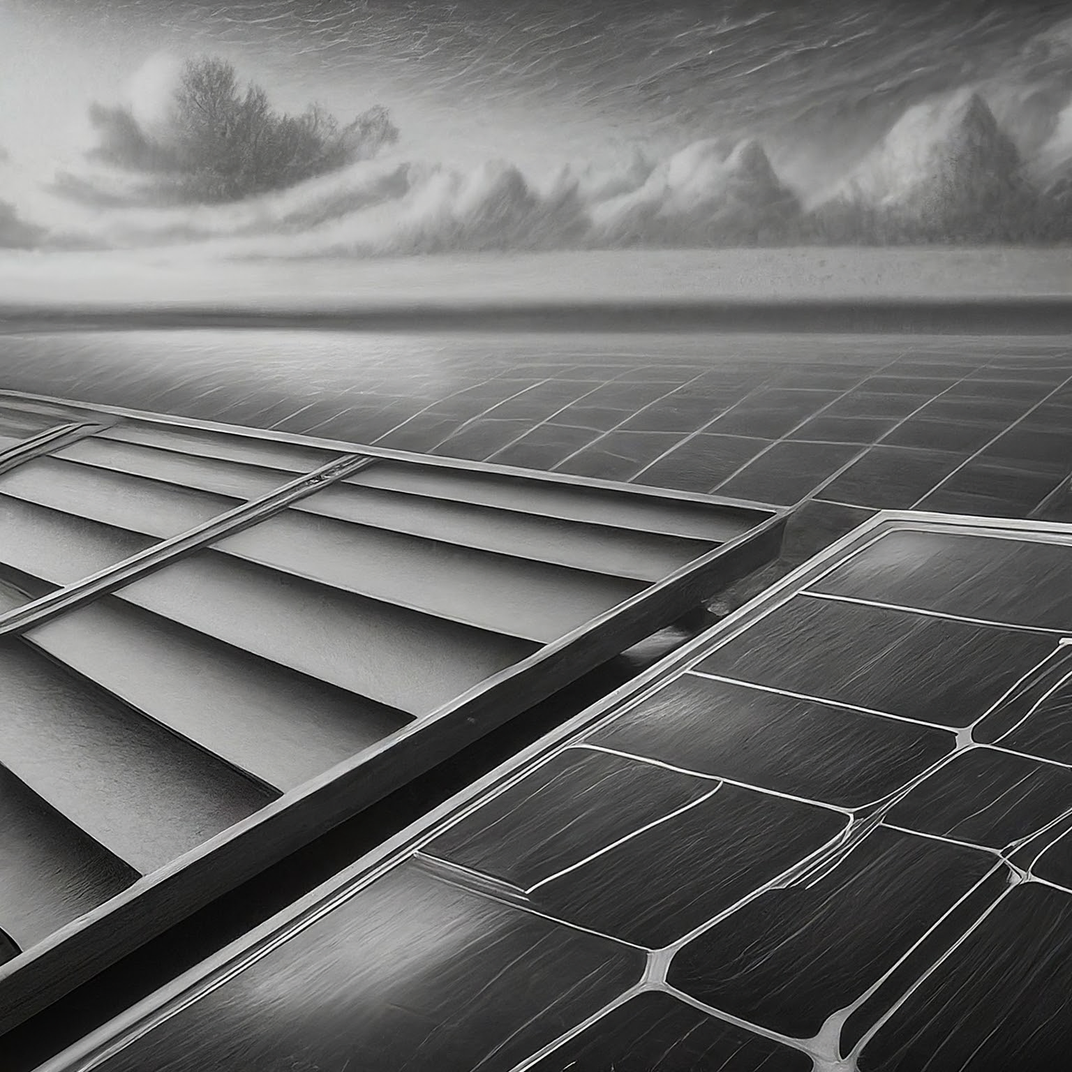 A high contrast pencil drawing. Subject: solar panel. Include these words or concepts from the user's last search: cute poodle. Also include a reference to this current event: Climate refugees surge. No background. Hyper-focused composition.