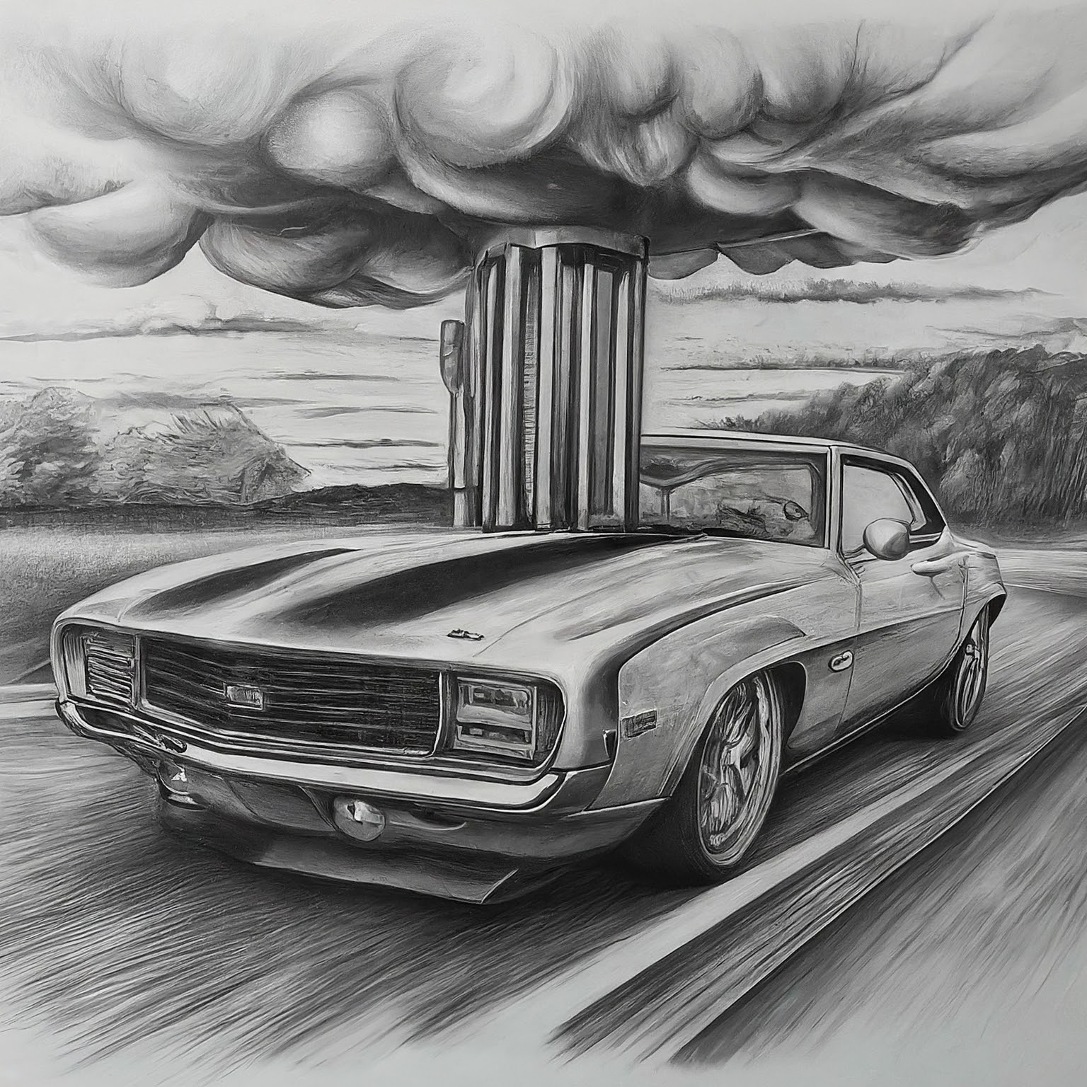 Create a surreal, high contrast pencil drawing that blends these ideas into one unified, imaginative concept: 1. Cool cars 2. supercharger 3. Climate crisis escalates The result should be one wild visual composition where all elements fuse into a single scene or subject. No background. Hyper-focused composition.