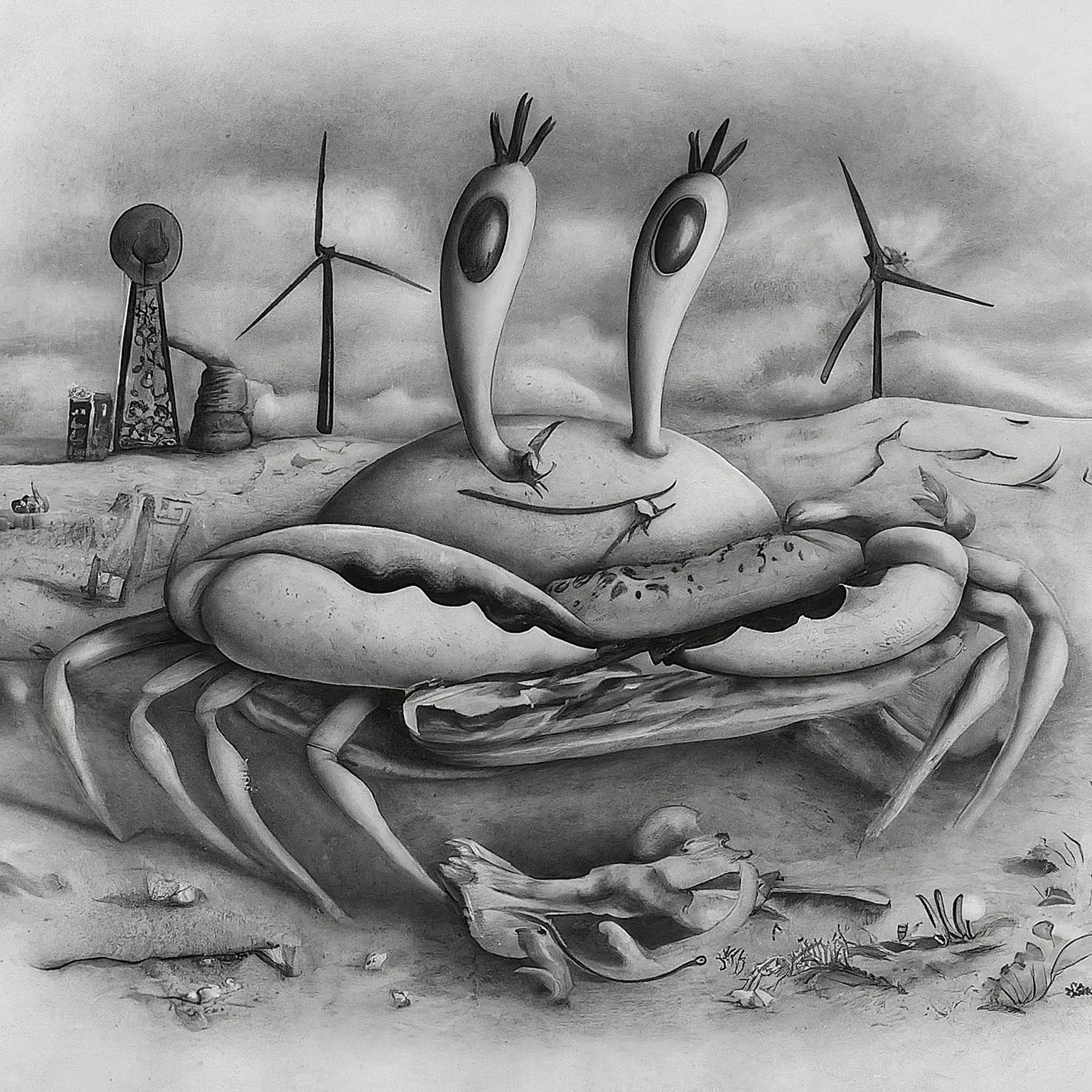 Create a surreal, high contrast pencil drawing that blends these ideas into one unified, imaginative concept: 1. Imagine: A whimsical pencil sketch, high contrast. A crab enjoys a lobster sandwich. Mr. Krabs watches as wind turbines and solar panels replace oil derricks. Fuse these elements into a hyper-focused, unified scene. No background. 2. mr crabs 3. Renewable energy adoption accelerates The result should be one wild visual composition where all elements fuse into a single scene or subject. No background. Hyper-focused composition.