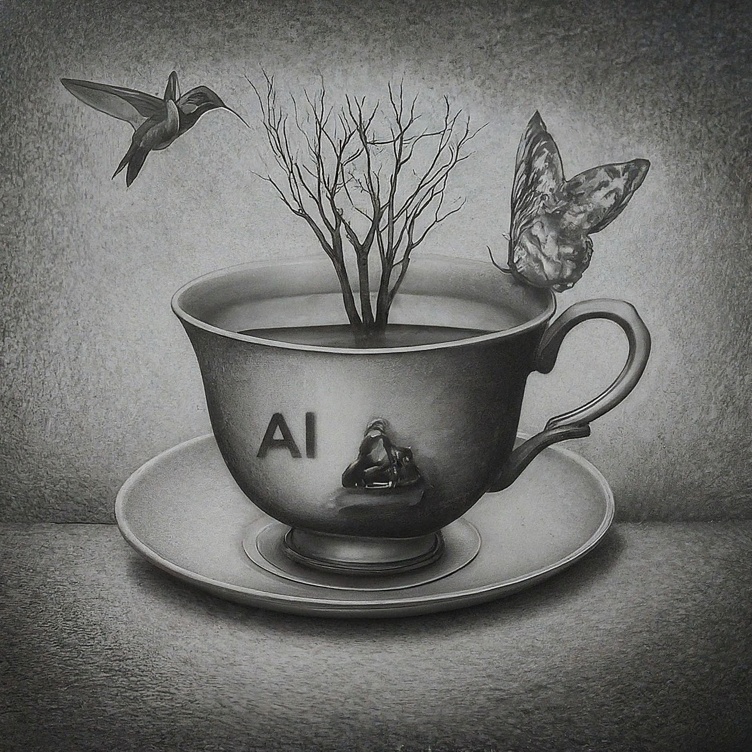 Create a surreal, high contrast pencil drawing that blends these ideas into one unified, imaginative concept: 1. Cup of earl grey tea 2. Best Ai 3. AI-personalized tea blends The result should be one wild visual composition where all elements fuse into a single scene or subject. No background. Hyper-focused composition.