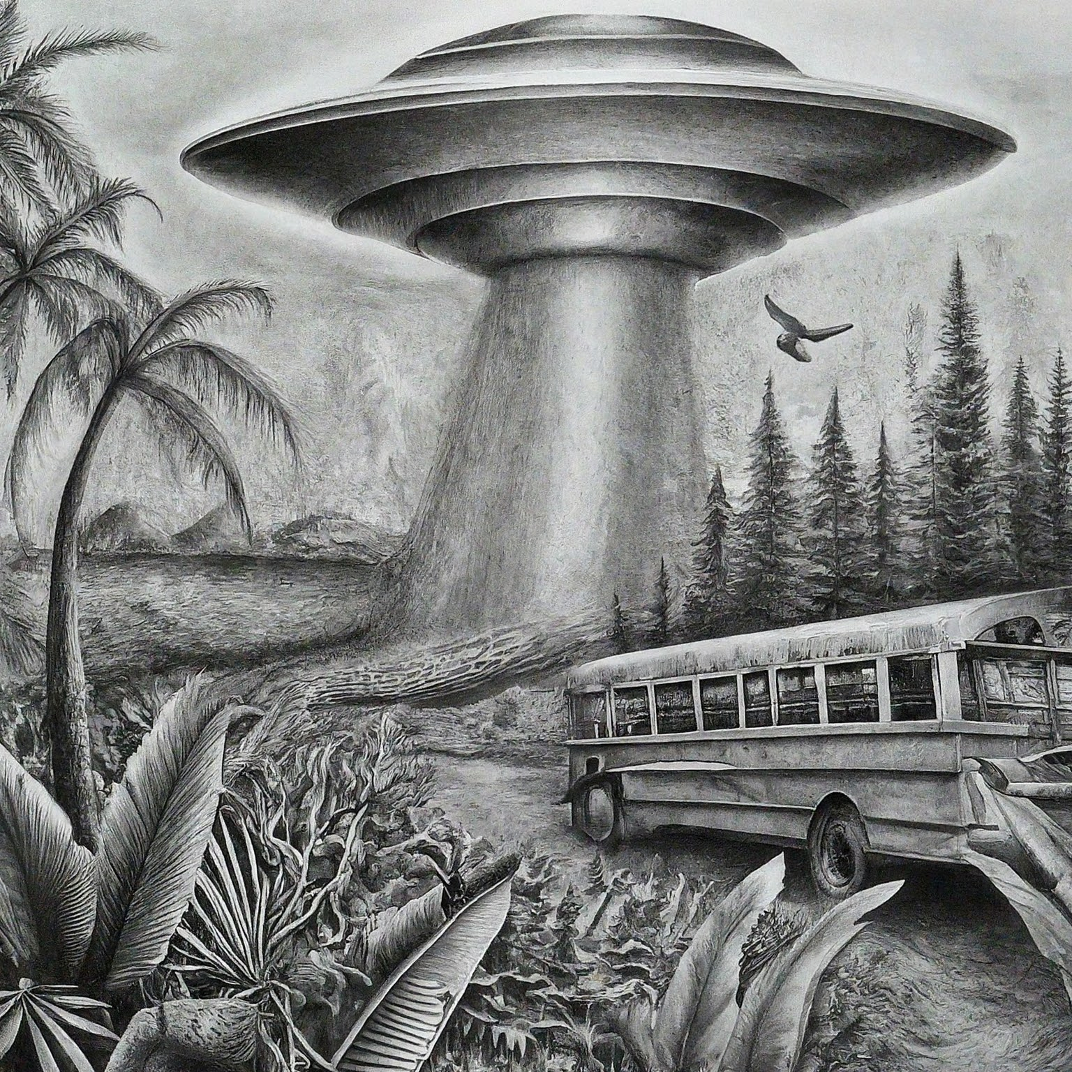 Create a surreal, high contrast pencil drawing that blends these ideas into one unified, imaginative concept: 1. bus trip through the jungle 2. UFO 3. Hyper-localized climate anomalies The result should be one wild visual composition where all elements fuse into a single scene or subject. No background. Hyper-focused composition.