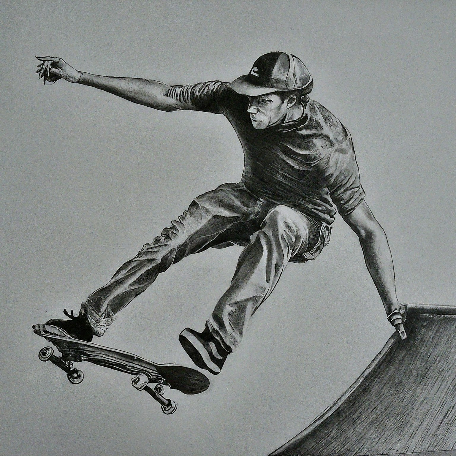 A high contrast pencil drawing. Skateboarding insan Francisco + new music + Space commercialization booms. No background. Hyper-focused composition.