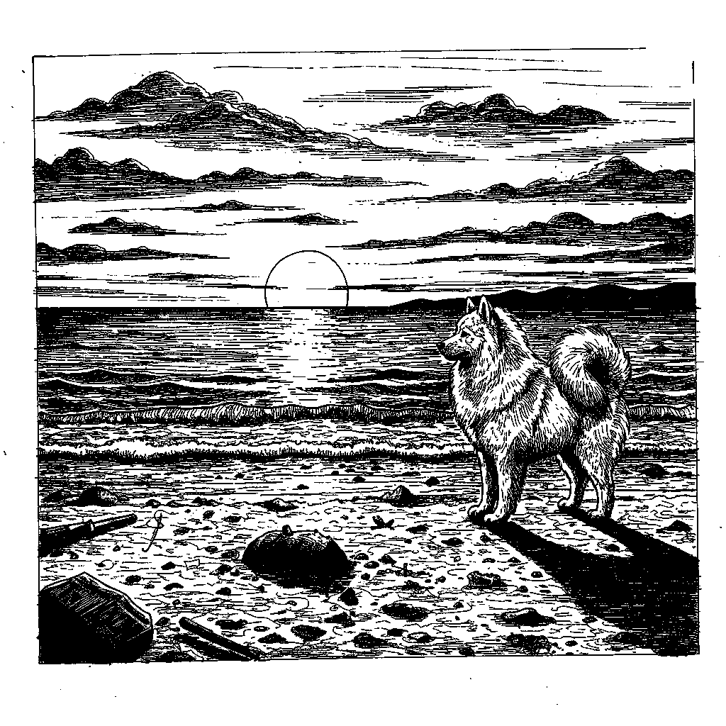 Samoyed dog on beach with sunset • Ocean microplastic accumulation worsens.