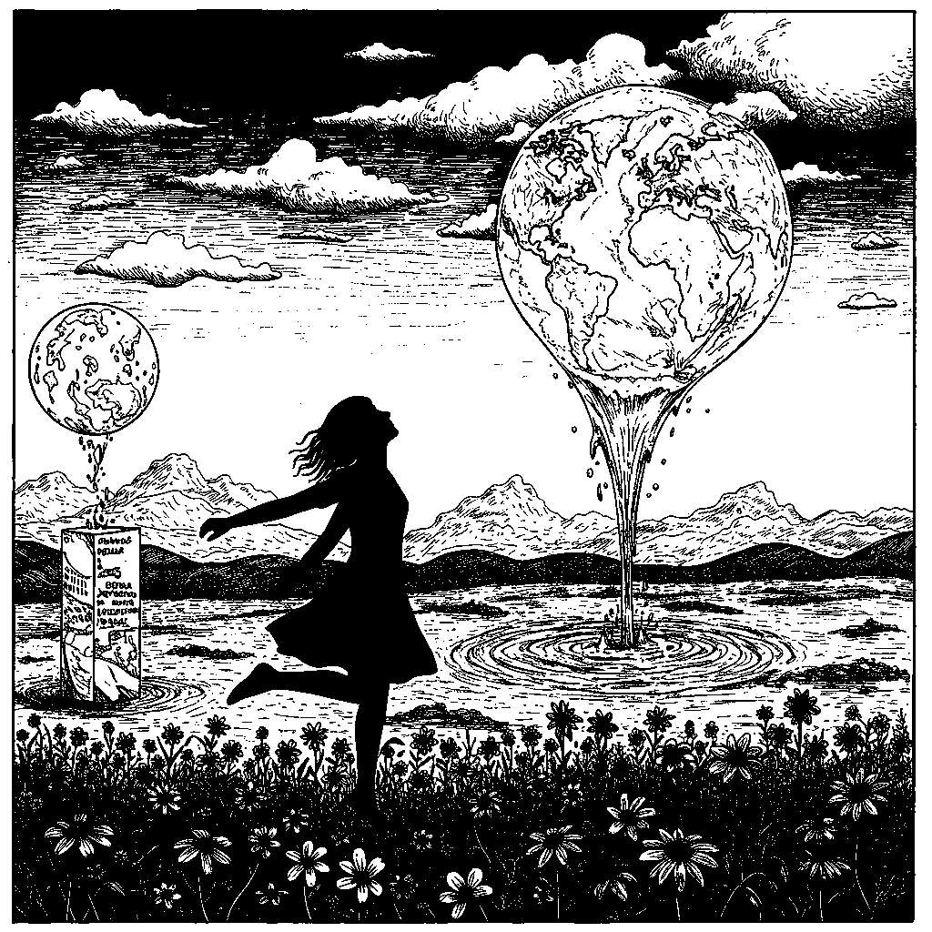 Siluette girl facing left, head held high, dancing in the flower field • Peak Global Water Stress