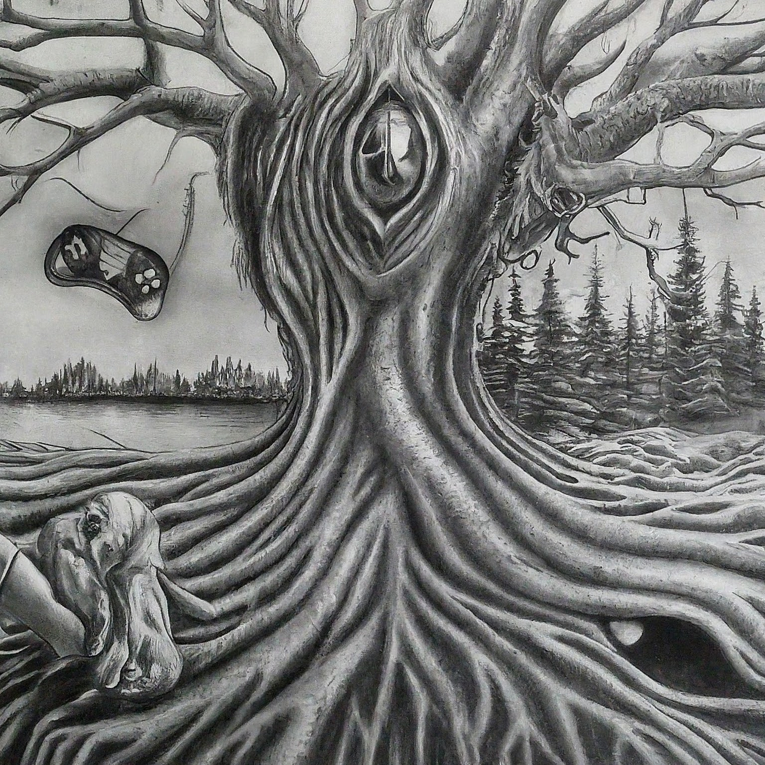 Create a surreal, high contrast pencil drawing that blends these ideas into one unified, imaginative concept: 1. NINTENDO VS XBOX WHINEY mAN CHILDREN 2. 666 3. Climate change intensifies. The result should be one wild visual composition where all elements fuse into a single scene or subject. No background. Hyper-focused composition.