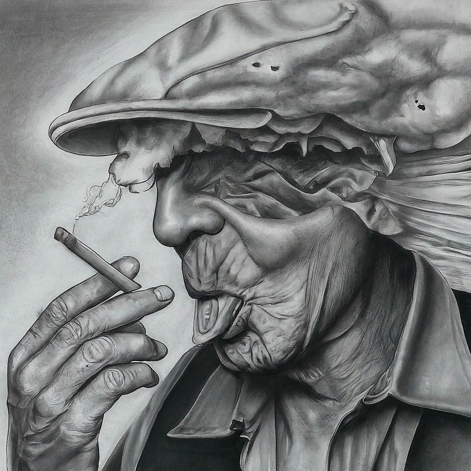 Create a surreal, high contrast pencil drawing that blends these ideas into one unified, imaginative concept: 1. Ice cream and cigarettes 2. music concert 3. Climate extremes The result should be one wild visual composition where all elements fuse into a single scene or subject. No background. Hyper-focused composition.