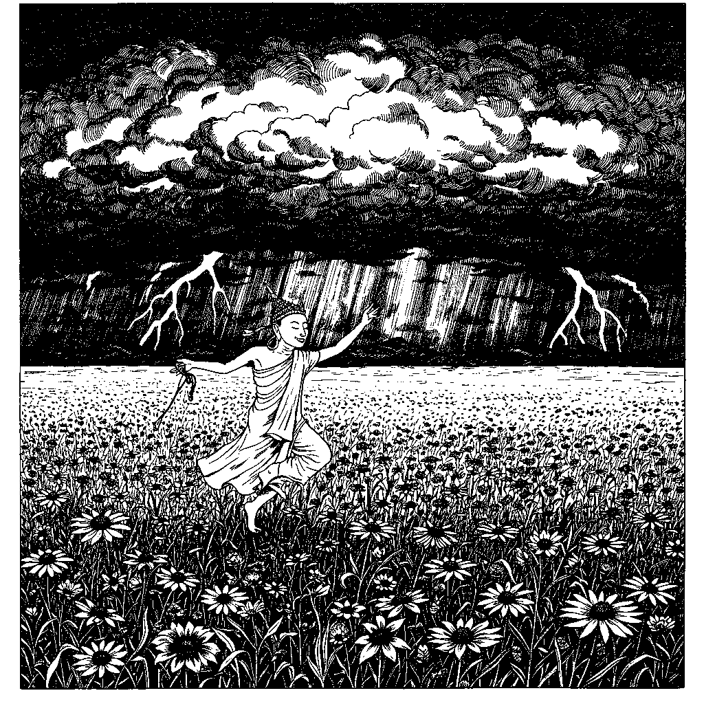 Smiling Thai Buddha dancing in lush field of wildflowers • Extreme weather events escalate.