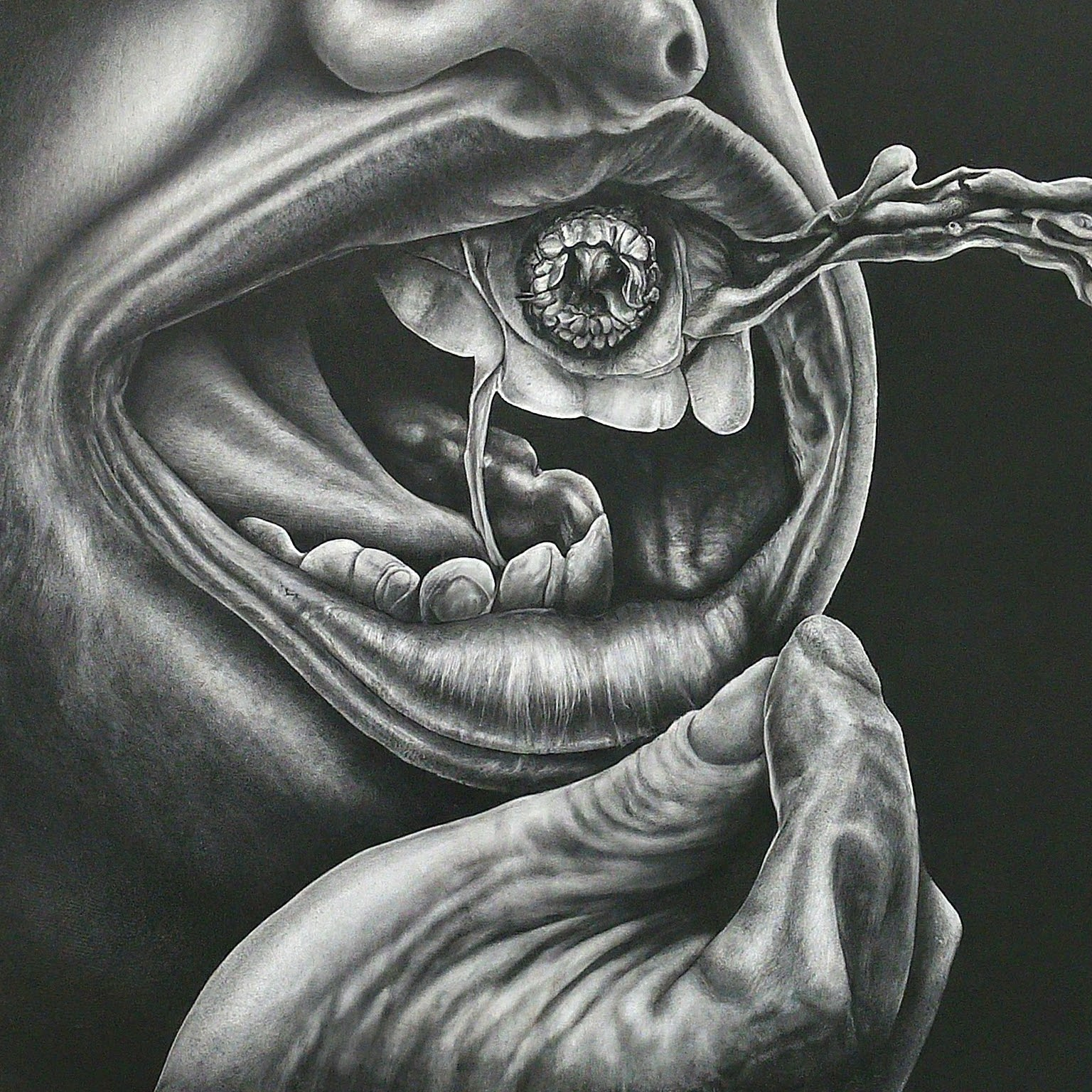 Create a surreal, high contrast pencil drawing that blends these ideas into one unified, imaginative concept: 1. The next 50 years for humanity 2. gargle with salt water 3. Quantum computing leap The result should be one wild visual composition where all elements fuse into a single scene or subject. No background. Hyper-focused composition.