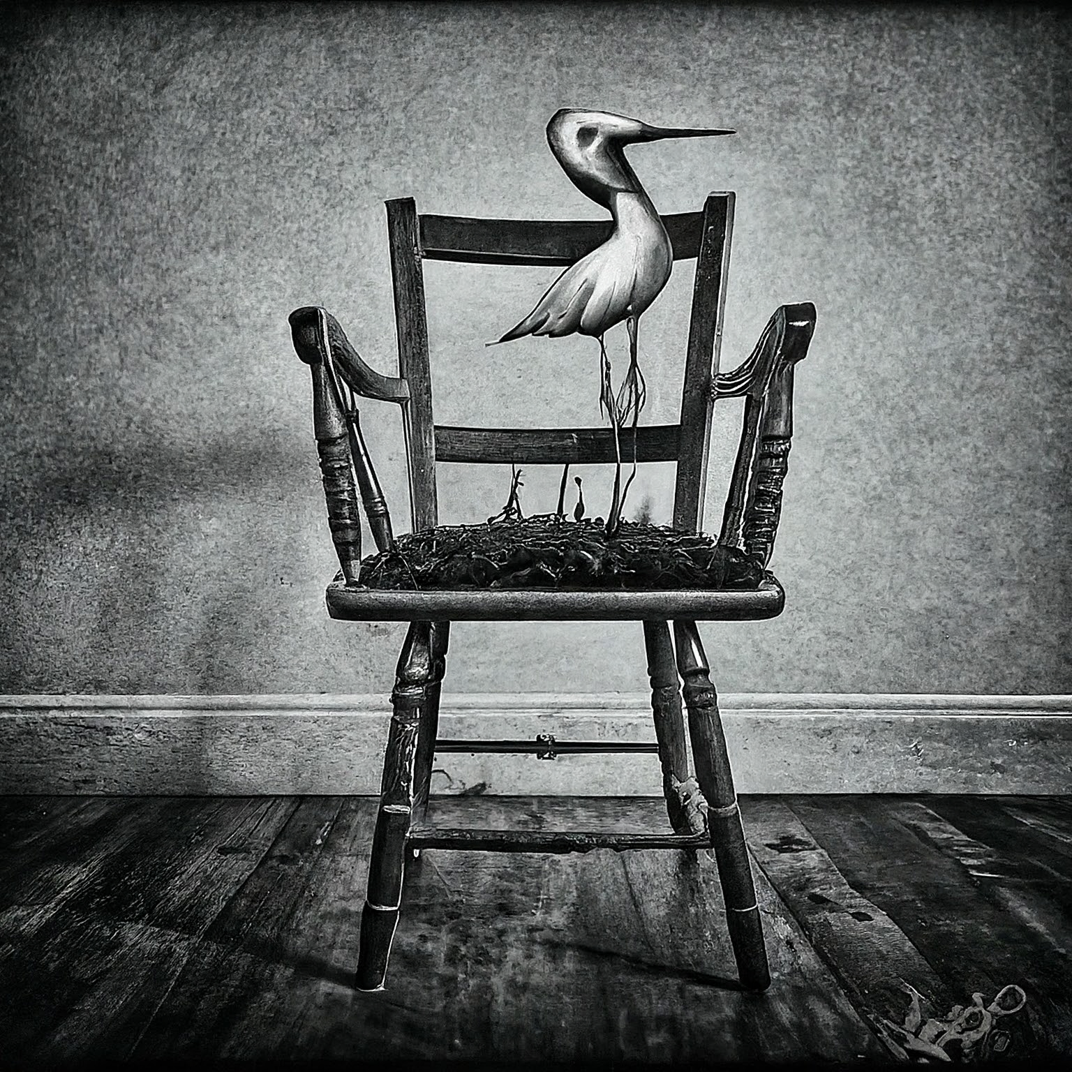 Create a surreal, high contrast black and white image (no grayscale) suitable for ink transfer. The image should blend these ideas into one unified, imaginative concept: 1. an old wooden armchair in an empty white room 2. a personal search idea 3. Ocean plastic microfibers pervasive. The result must be a single cohesive scene. No background. Ink-only look.