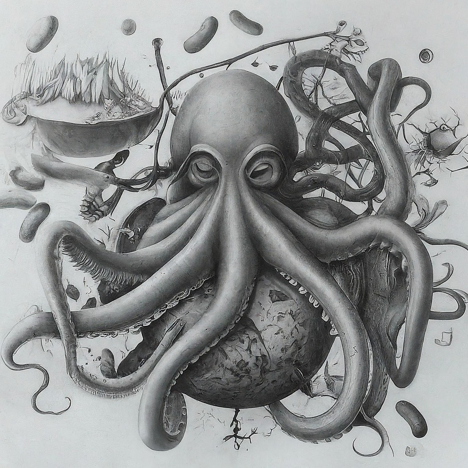 Create a surreal, high contrast pencil drawing that blends these ideas into one unified, imaginative concept: 1. an octopus 2. probiotics 3. Quantum computing advance The result should be one wild visual composition where all elements fuse into a single scene or subject. No background. Hyper-focused composition.