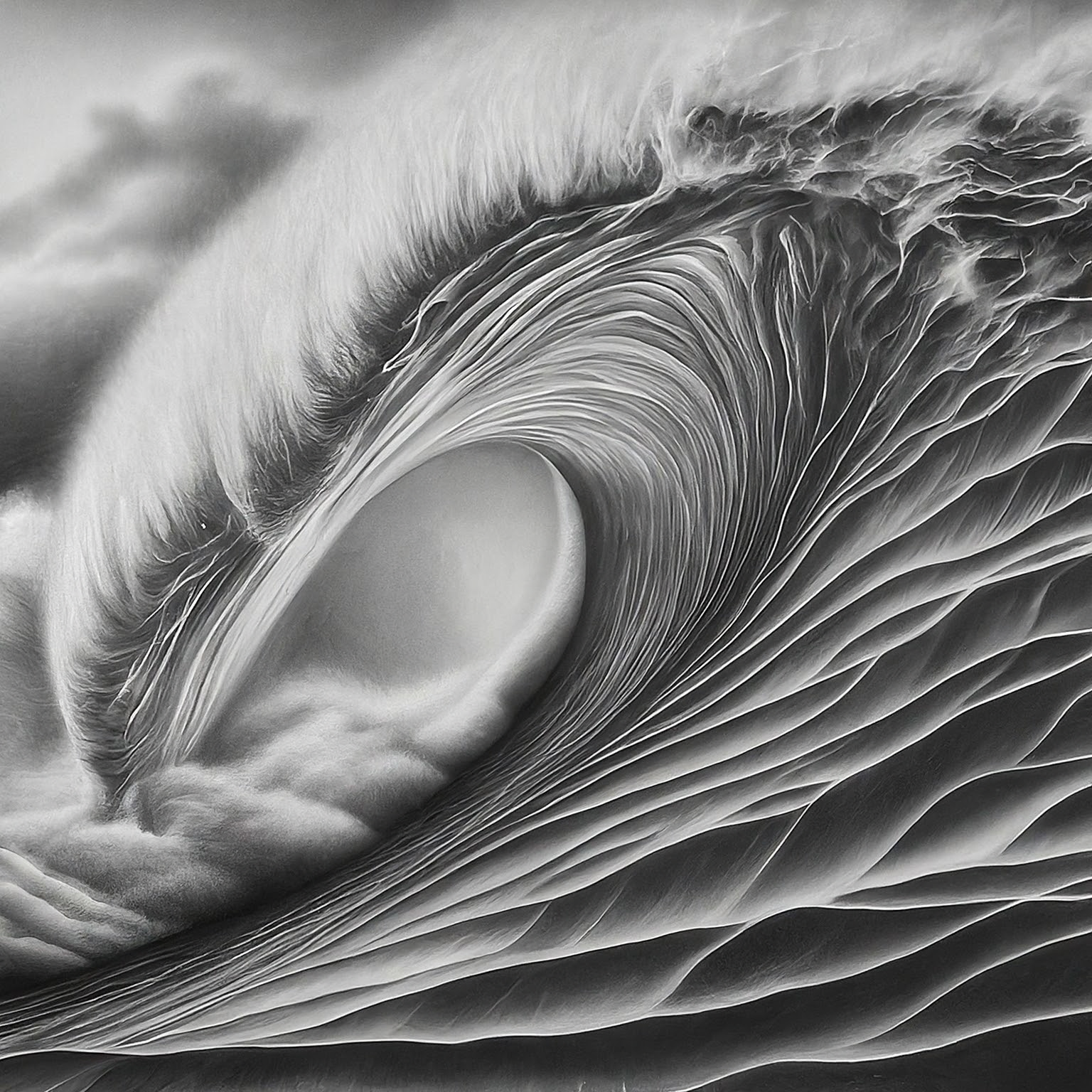 A high contrast pencil drawing. Subject: ocean waves. Include these words or concepts from the user's last search: California beaches. Also include references to these current events: AI pervasive, Quantum computing expands, Extreme weather intensifies, Space exploration accelerates. No background. Hyper-focused composition.