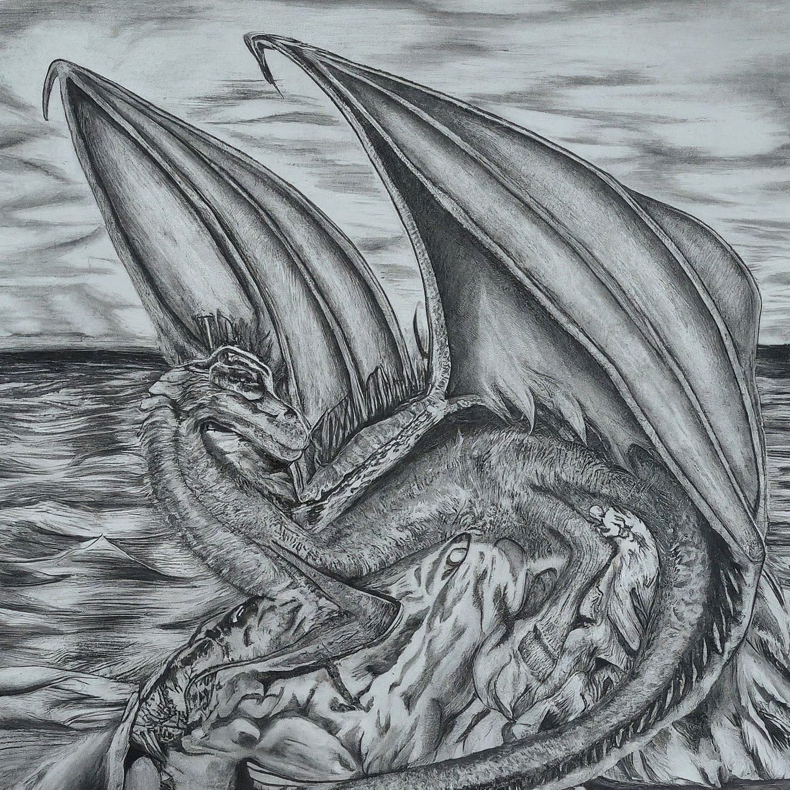 A detailed pencil drawing of Dragon and ocean scene. High contrast black and white sketch, no background.