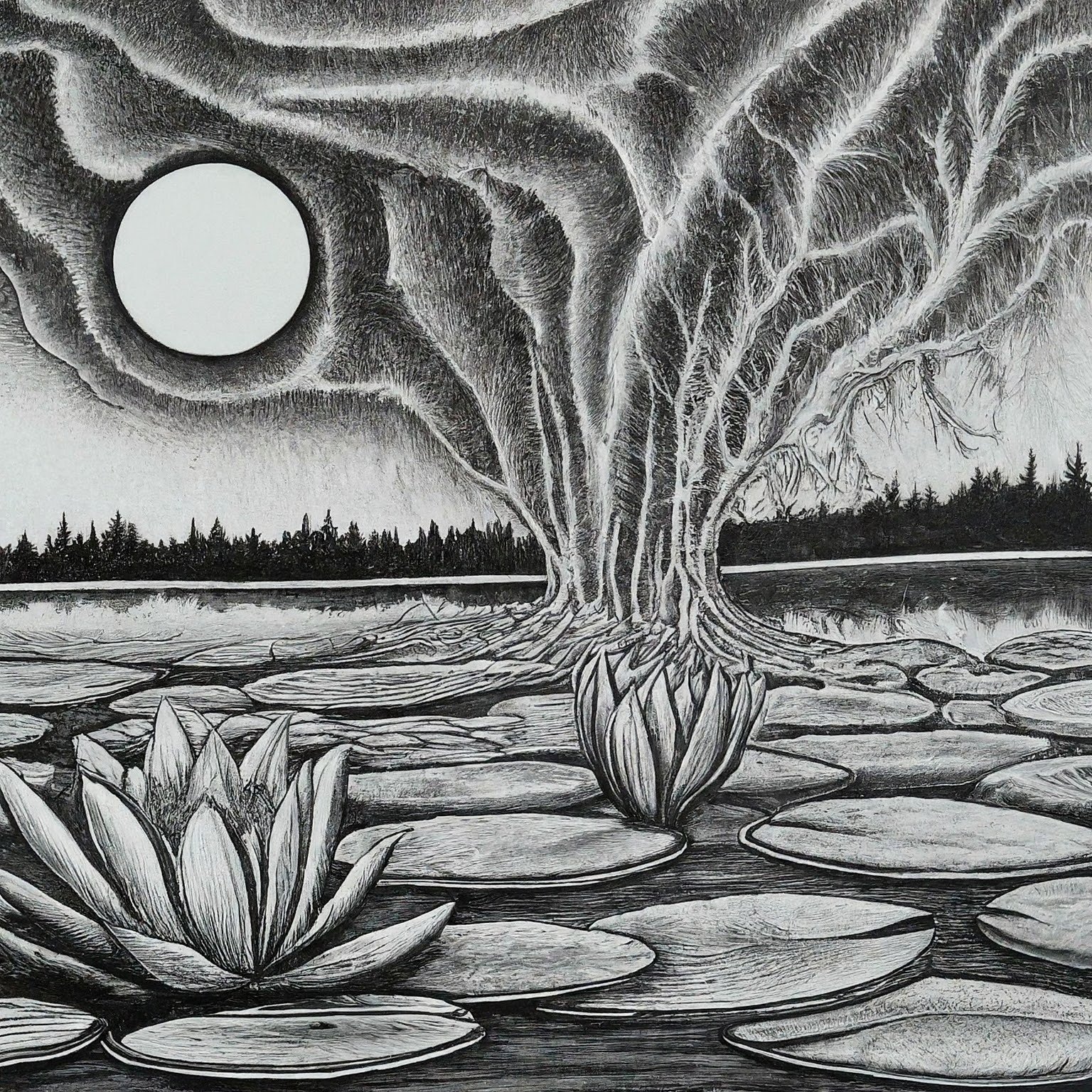 Create a surreal, black and white high contrast ink drawing with no background that blends these ideas into one unified, imaginative concept: 1. there is a sun that is shining within a flower that is blooming in the still waters of a pond. 2. lily pads 3. Extreme Weather Intensification The result should be one wild visual composition where all elements fuse into a single scene or subject. No background. Hyper-focused composition.