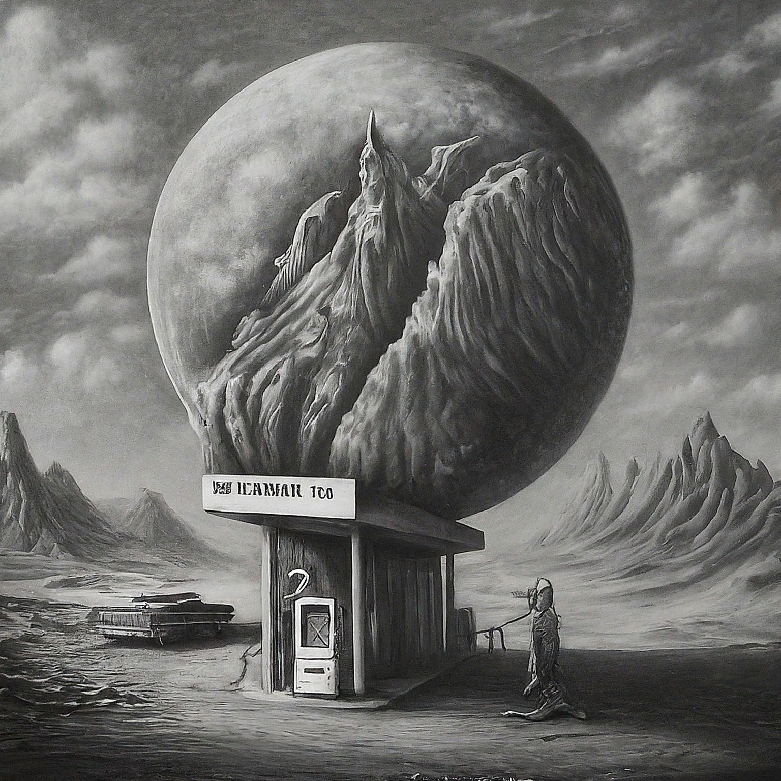 Create a surreal, high contrast pencil drawing that blends these ideas into one unified, imaginative concept: 1. end of the world 2. Cheap gas station 3. Peak lithium production. The result should be one wild visual composition where all elements fuse into a single scene or subject. No background. Hyper-focused composition.