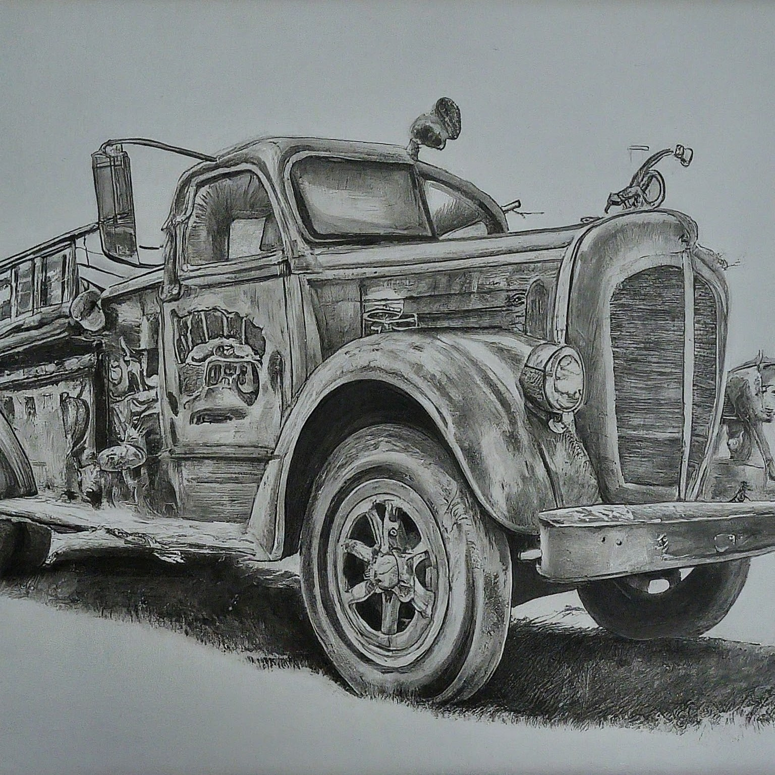 A detailed drawing of A flame truck, inspired by "flights today" and influenced by environmental changes. Render in high contrast pencil or charcoal, no background, hyper-focused.