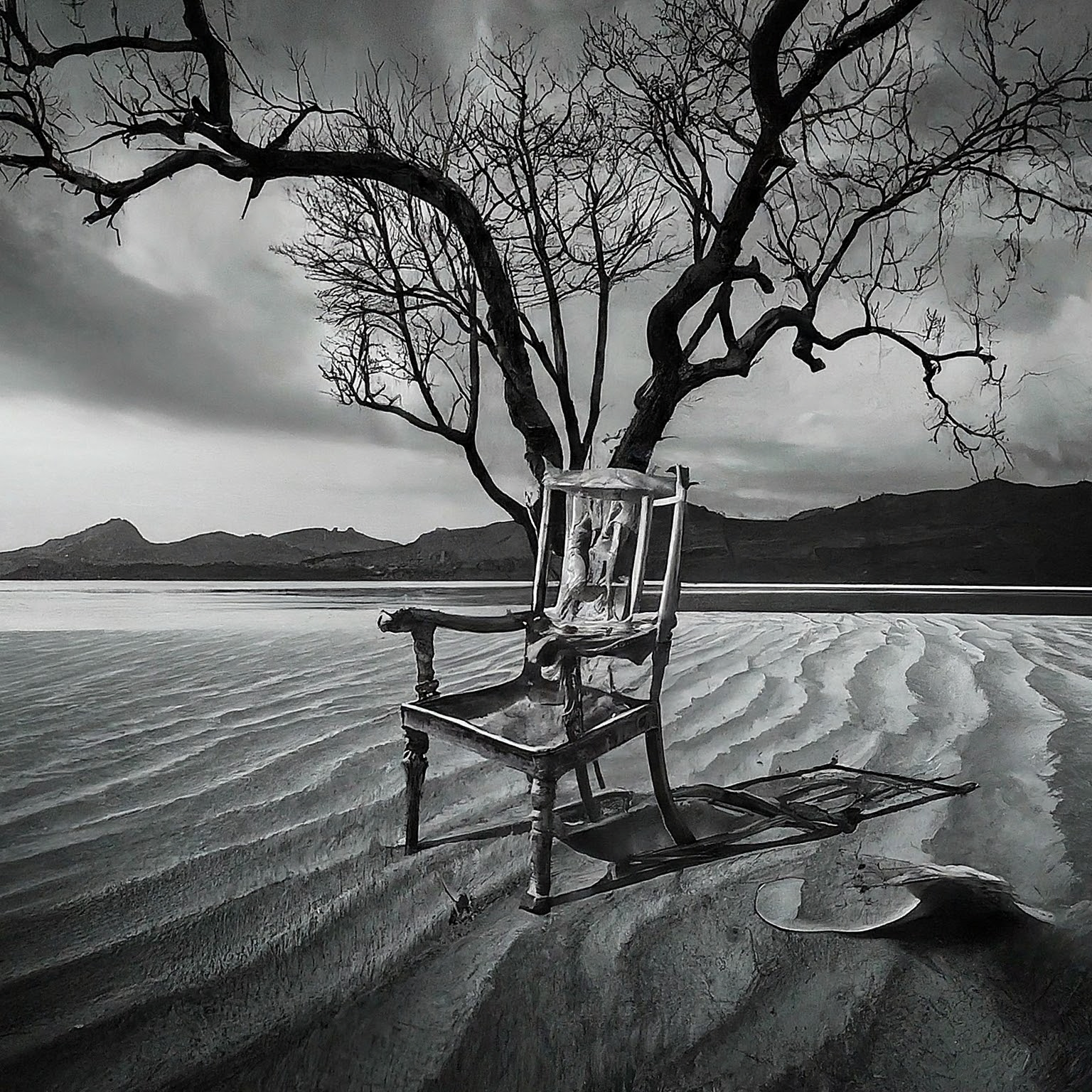 Create a surreal, high-contrast black and white image using only pure black and pure white ink (no grayscale, no gray tones). Eliminate all background. The image must blend these ideas into one unified, imaginative subject: 1. an old wooden armchair 2. thailand 3. Global microplastic pollution crisis. The result must be a single bold, ink-only visual suitable for printmaking transfer. No soft gradients. Only black and white lines or fills.