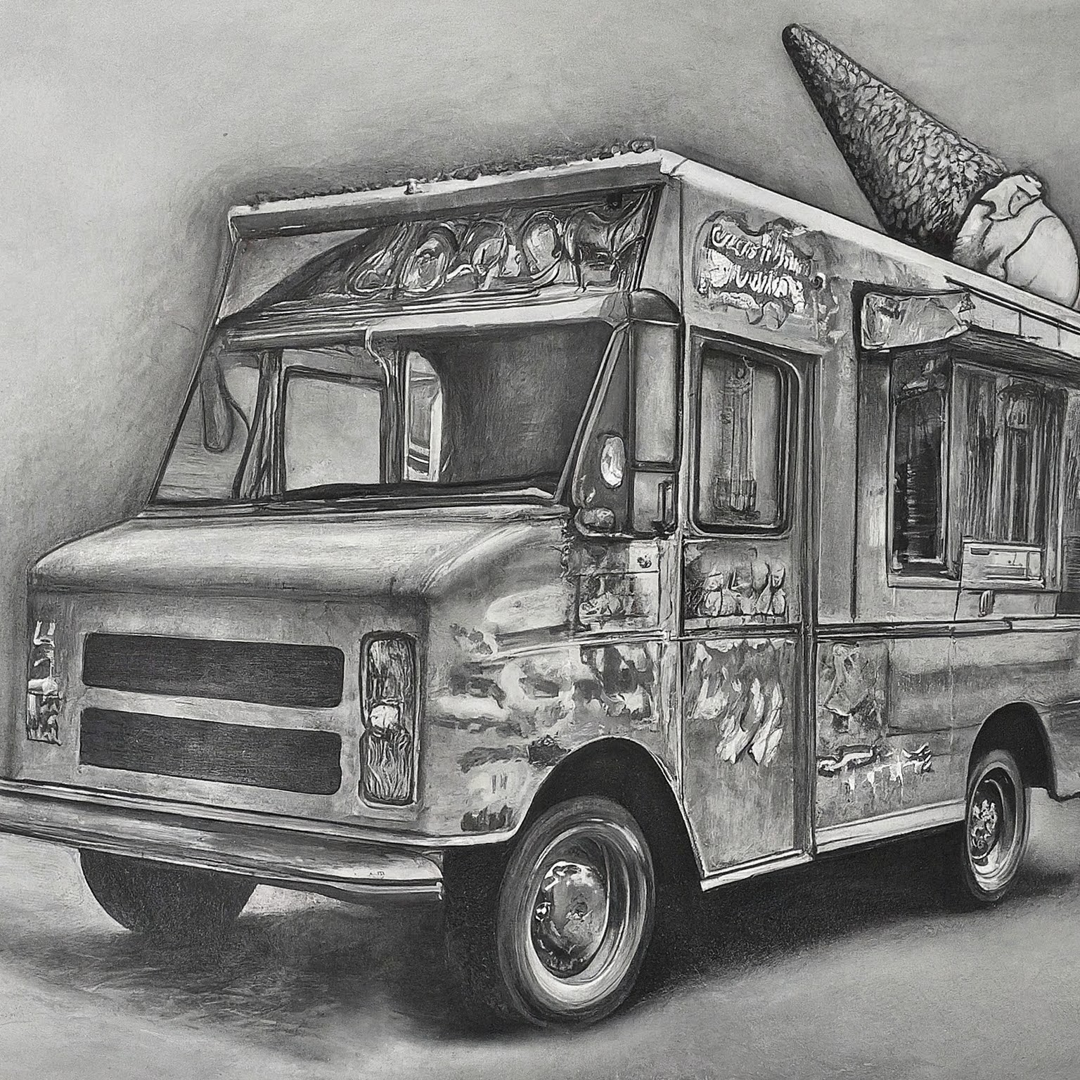 A detailed drawing of ice cream truck, inspired by "parade" and influenced by technological advances. Render in high contrast pencil or charcoal, no background, hyper-focused.